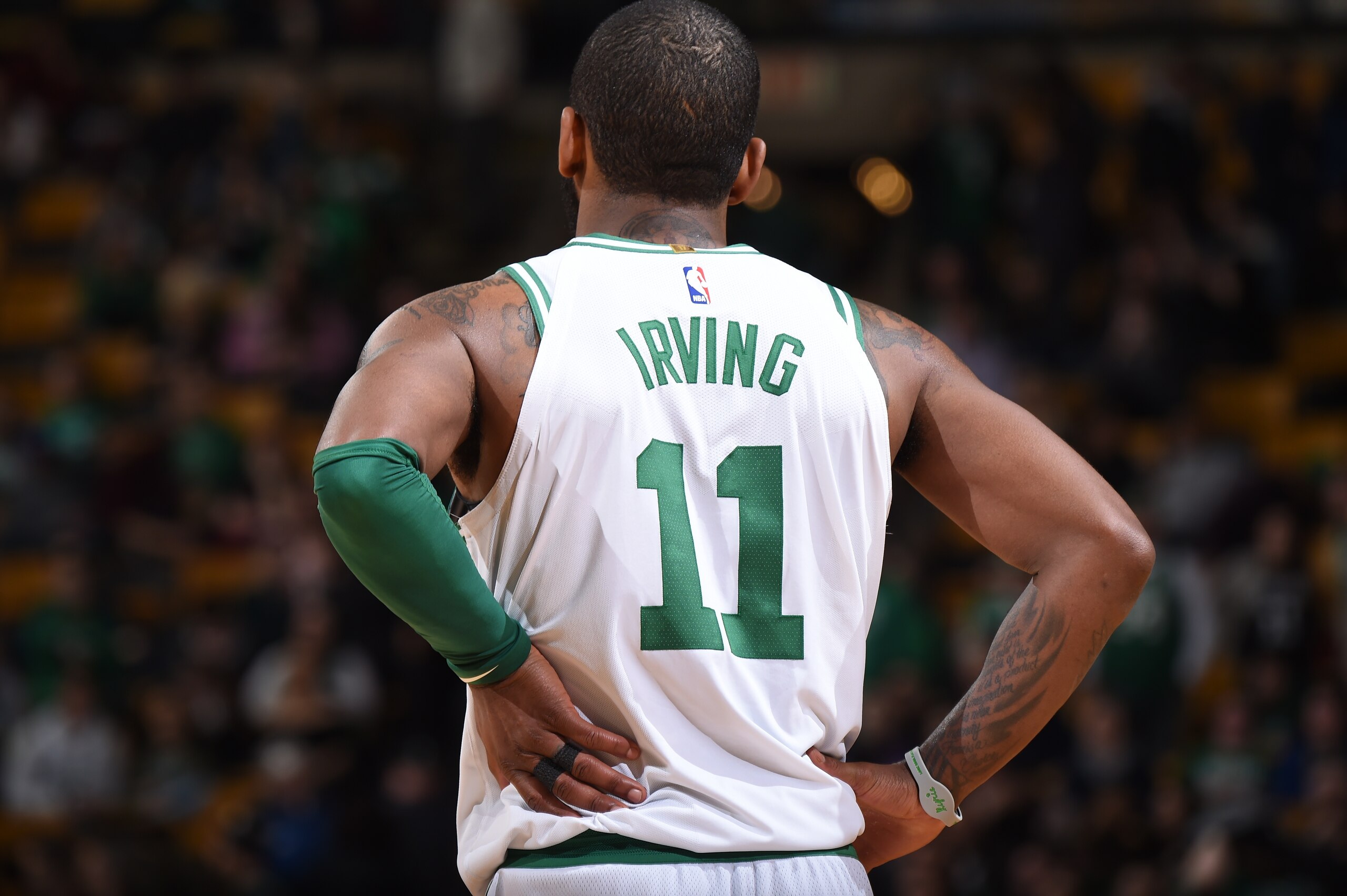 BOSTON, MA - FEBRUARY 14: The jersey of Kyrie Irving #11 of the Boston Celtics as seen during the game against the LA Clippers on February 14, 2018 at the TD Garden in Boston, Massachusetts.  NOTE TO USER: User expressly acknowledges and agrees that, by d