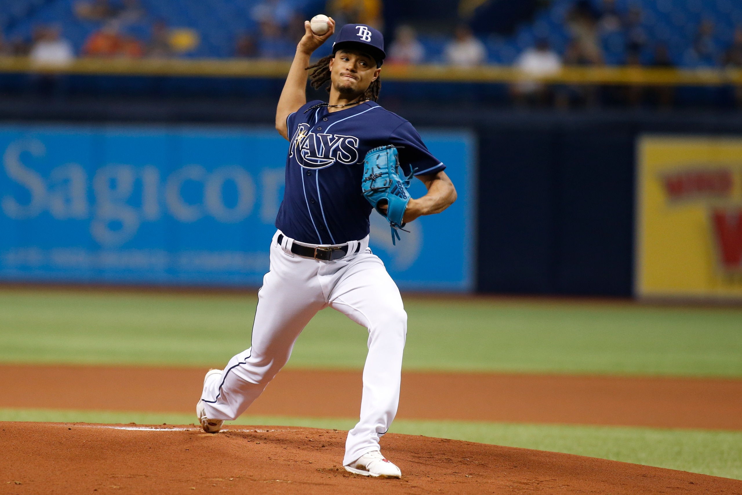 ST. PETERSBURG, FL - SEPTEMBER 30:  Chris Archer #22 of the Tampa Bay Rays pitches during the first inning of a game against the Baltimore Orioles on September 30, 2017 at Tropicana Field in St. Petersburg, Florida. (Photo by Brian Blanco/Getty Images)