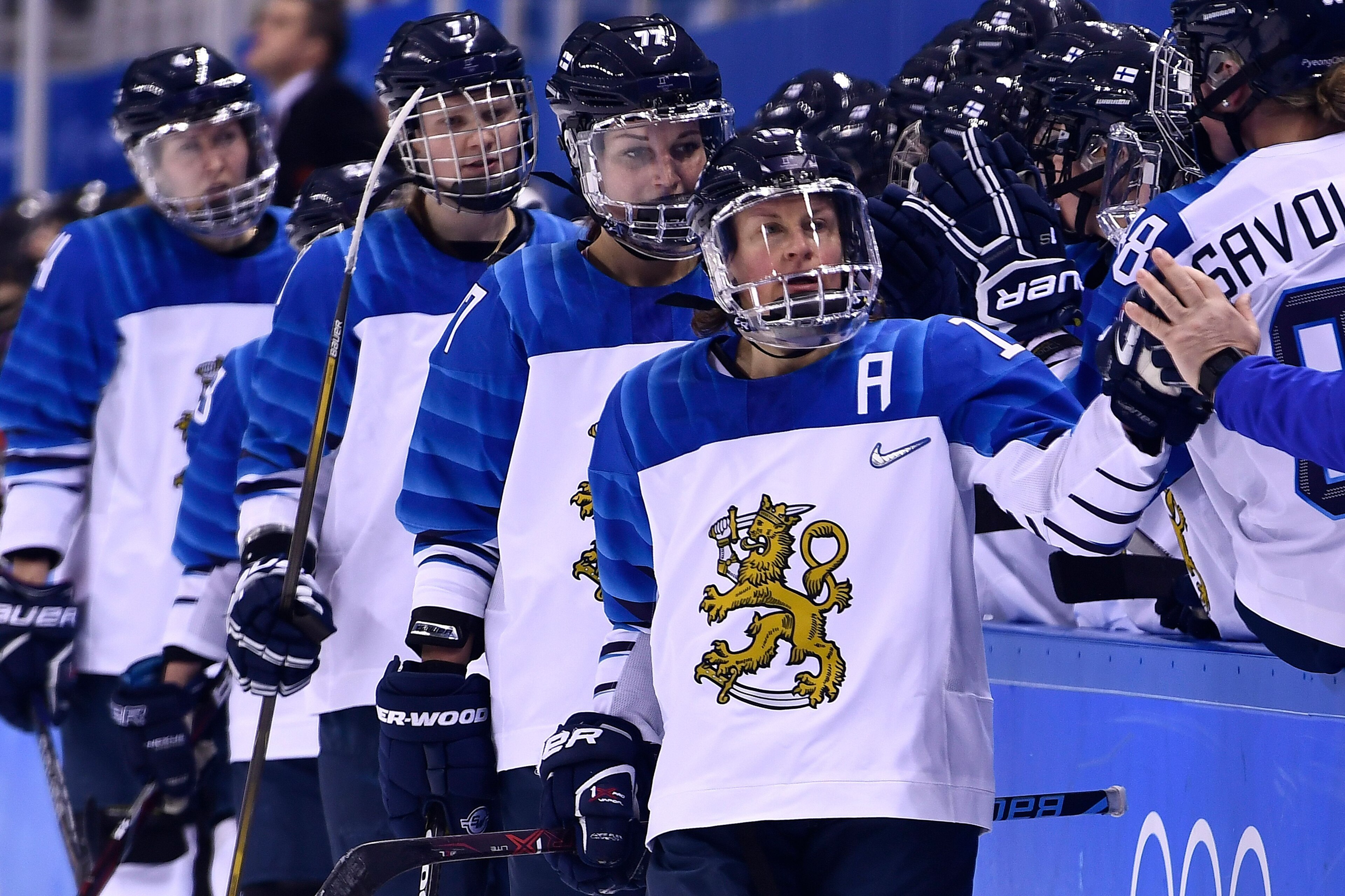 Finland's Riikka Valila celebrates with teammates after scoring a goal during the final period of the women's preliminary round ice hockey match between Canada and Finland during the Pyeongchang 2018 Winter Olympic Games at the Kwandong Hockey Centre in G Finland's Riikka Valila celebrates with teammates after scoring a goal during the final period of the women's preliminary round ice hockey match between Canada and Finland during the Pyeongchang 2018 Winter Olympic Games at the Kwandong Hockey Centre in G