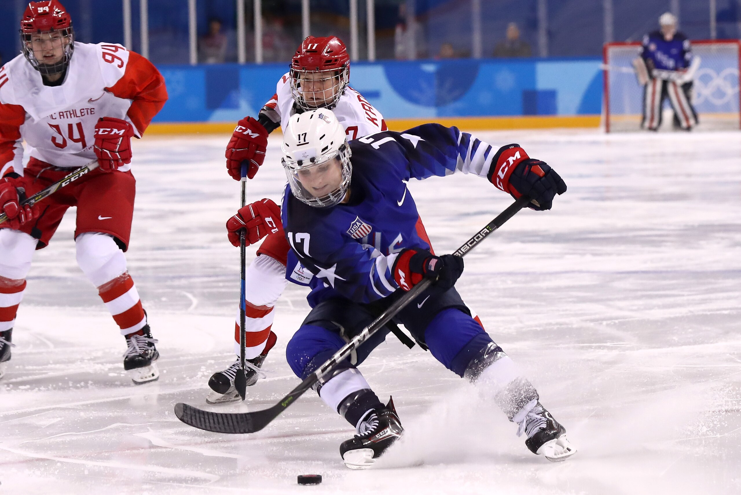 GANGNEUNG, SOUTH KOREA - FEBRUARY 13:  Jocelyne Lamoureux #17 of the United States skates against Olympic Athletes from Russia during the Women's Ice Hockey Preliminary Round - Group A game on day four of the PyeongChang 2018 Winter Olympic Games at Kwand
