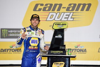 DAYTONA BEACH, FL - FEBRUARY 15:  Chase Elliott, driver of the #9 NAPA Auto Parts Chevrolet, poses with the trophy after winning the Monster Energy NASCAR Cup Series Can-Am Duel 2 at Daytona International Speedway on February 15, 2018 in Daytona Beach, Fl