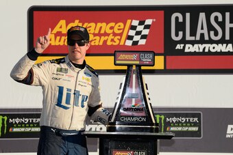 DAYTONA BEACH, FL - FEBRUARY 11: Brad Keselowski, driver of the #2 Miller Lite Ford, poses for a photo in Victory Lane after winning the Monster Energy NASCAR Cup Series Advance Auto Parts Clash at Daytona International Speedway on February 11, 2018 in Da