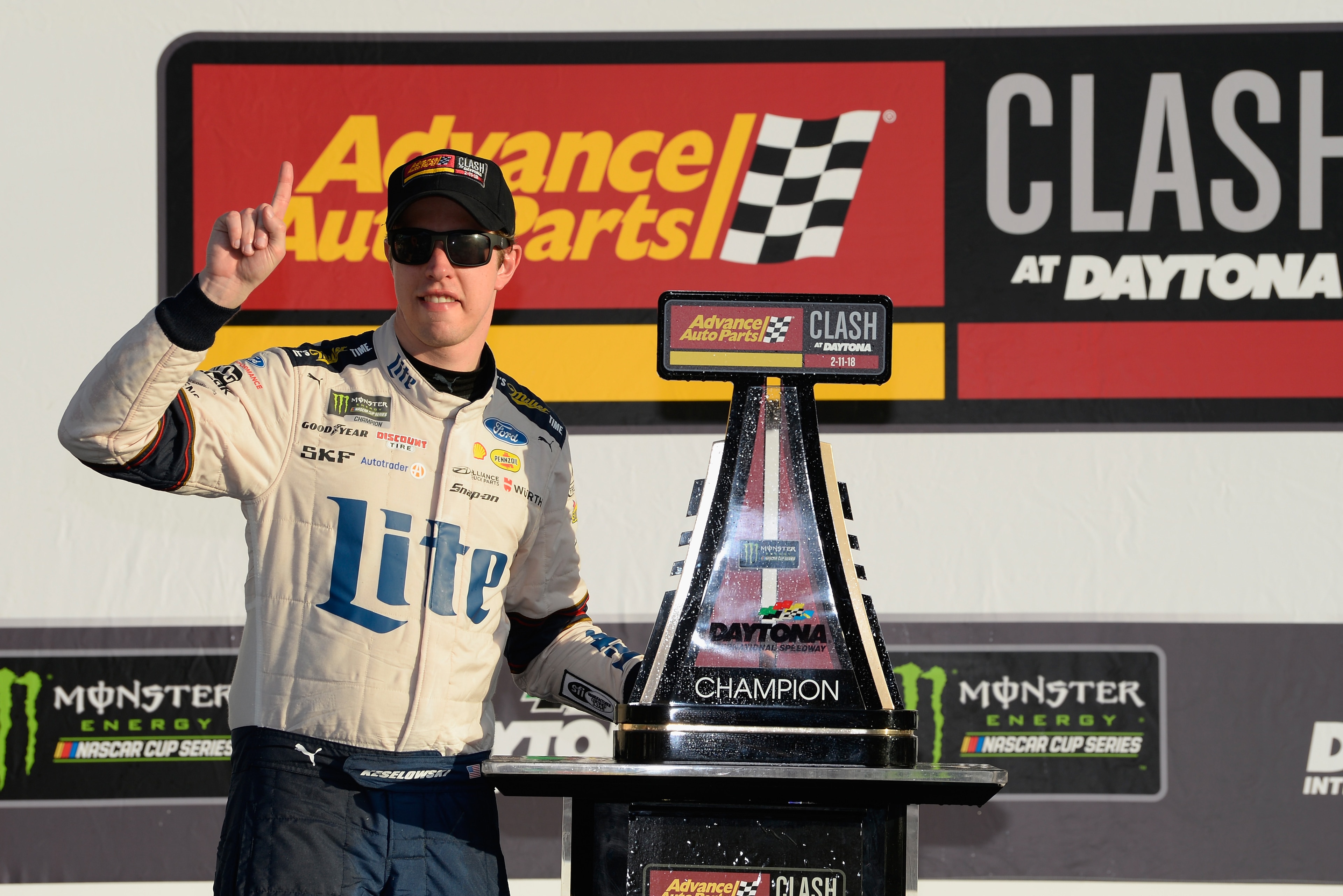DAYTONA BEACH, FL - FEBRUARY 11: Brad Keselowski, driver of the #2 Miller Lite Ford, poses for a photo in Victory Lane after winning the Monster Energy NASCAR Cup Series Advance Auto Parts Clash at Daytona International Speedway on February 11, 2018 in Da DAYTONA BEACH, FL - FEBRUARY 11: Brad Keselowski, driver of the #2 Miller Lite Ford, poses for a photo in Victory Lane after winning the Monster Energy NASCAR Cup Series Advance Auto Parts Clash at Daytona International Speedway on February 11, 2018 in Da