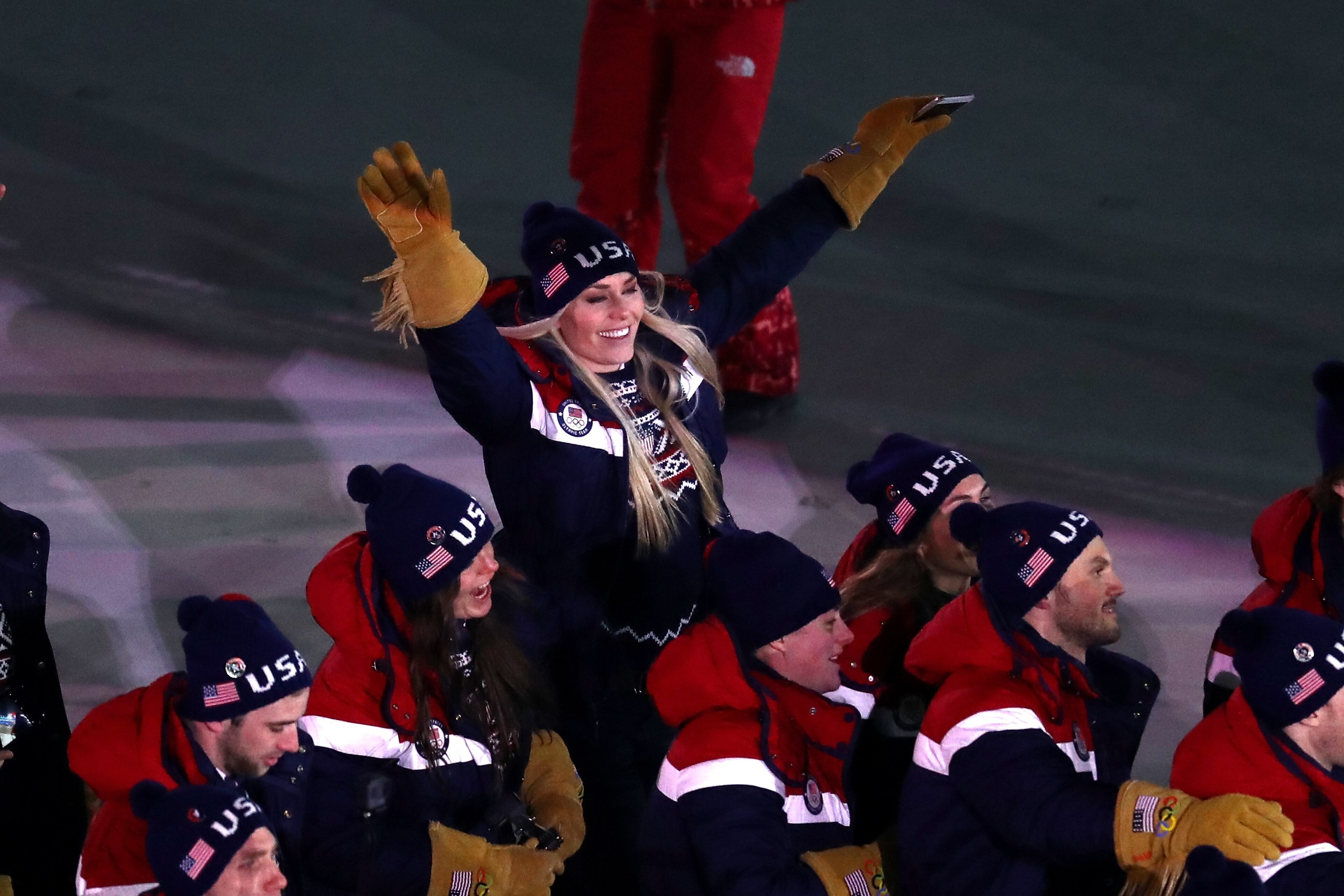 PYEONGCHANG-GUN, SOUTH KOREA - FEBRUARY 09:  Lindsey Vonn, Alpine Skiier and The United States enter the stadium during the Opening Ceremony of the PyeongChang 2018 Winter Olympic Games at PyeongChang Olympic Stadium on February 9, 2018 in Pyeongchang-gun
