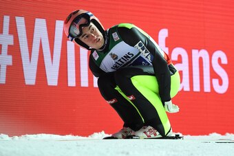 Austria's Stefan Kraft reacts after his jump react after his jump during the team competition at the ski-flying world championships in Oberstdorf, southern Germany, on January 21, 2018. / AFP PHOTO / CHRISTOF STACHE        (Photo credit should read CHRIST