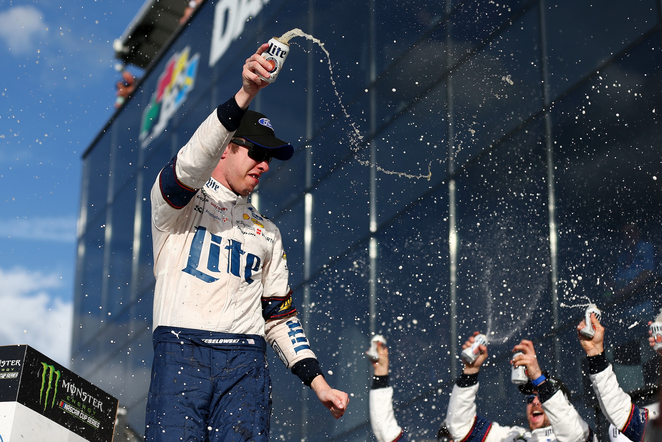 DAYTONA BEACH, FL - FEBRUARY 11: Brad Keselowski, driver of the #2 Miller Lite Ford, celebrates in Victory Lane after winning the Monster Energy NASCAR Cup Series Advance Auto Parts Clash at Daytona International Speedway on February 11, 2018 in Daytona DAYTONA BEACH, FL - FEBRUARY 11: Brad Keselowski, driver of the #2 Miller Lite Ford, celebrates in Victory Lane after winning the Monster Energy NASCAR Cup Series Advance Auto Parts Clash at Daytona International Speedway on February 11, 2018 in Daytona