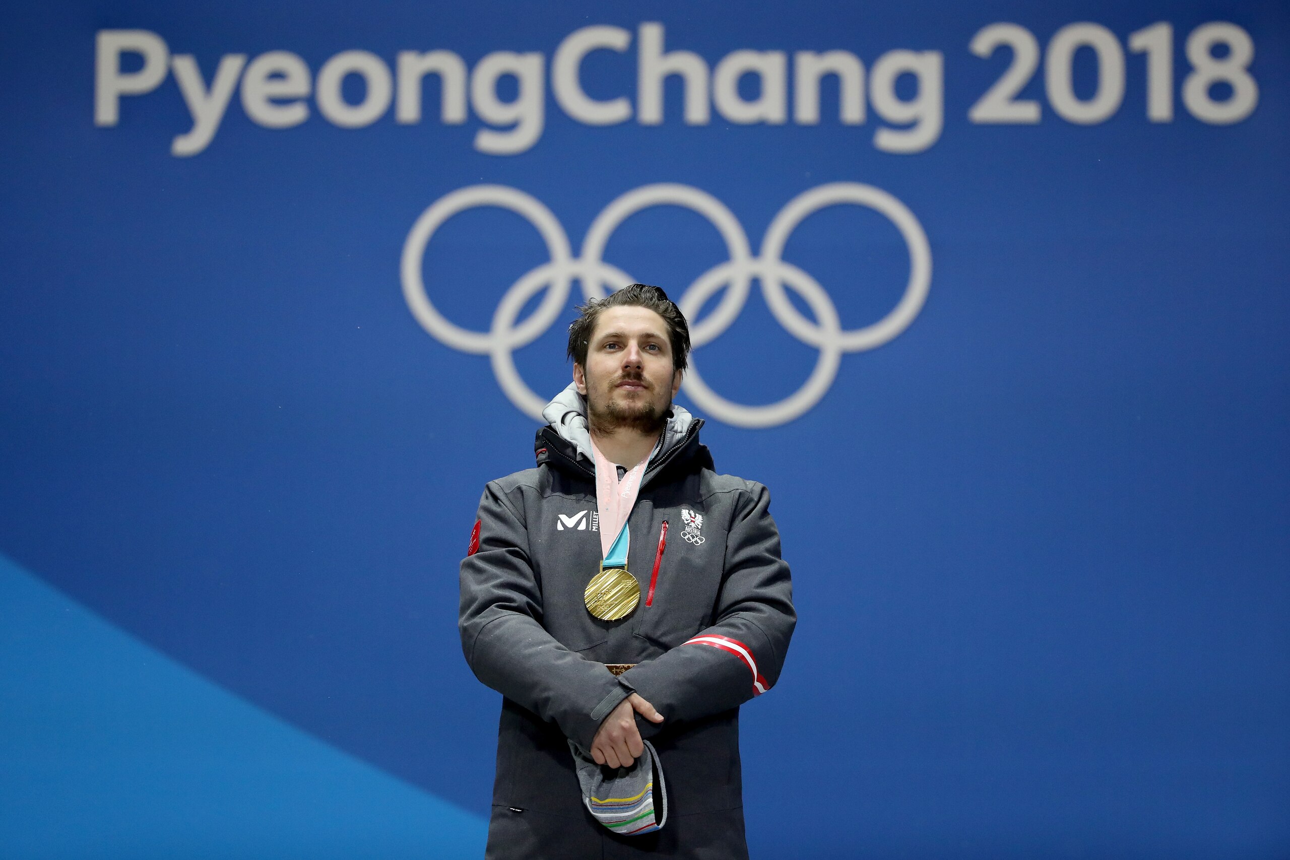 PYEONGCHANG-GUN, SOUTH KOREA - FEBRUARY 13:  Gold medalist Marcel Hirscher of Austria poses during the medal ceremony for the Men's Alpine Combined Slalom on day four of the PyeongChang 2018 Winter Olympic Games at Medal Plaza on February 13, 2018 in Pyeo