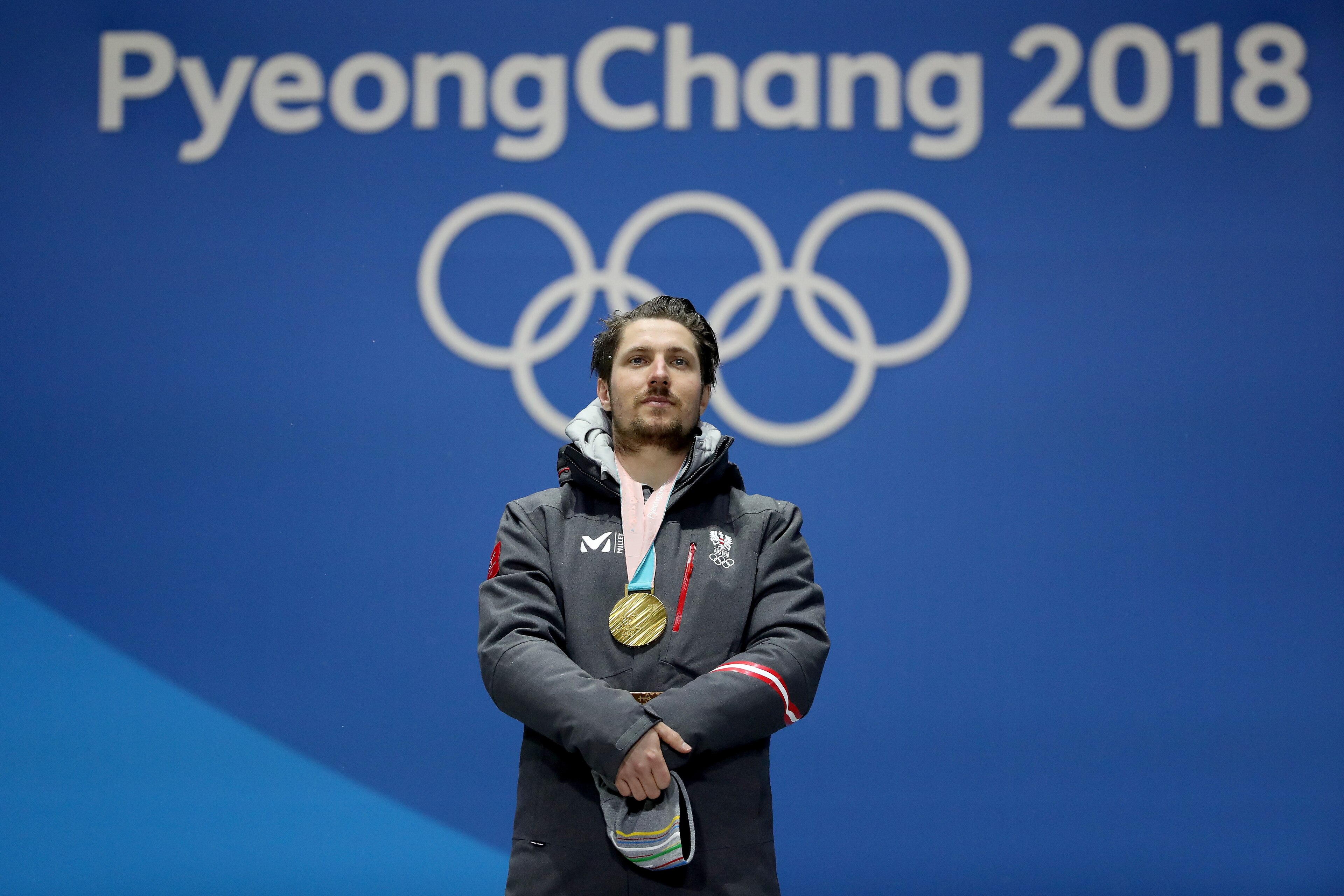 PYEONGCHANG-GUN, SOUTH KOREA - FEBRUARY 13:  Gold medalist Marcel Hirscher of Austria poses during the medal ceremony for the Men's Alpine Combined Slalom on day four of the PyeongChang 2018 Winter Olympic Games at Medal Plaza on February 13, 2018 in Pyeo