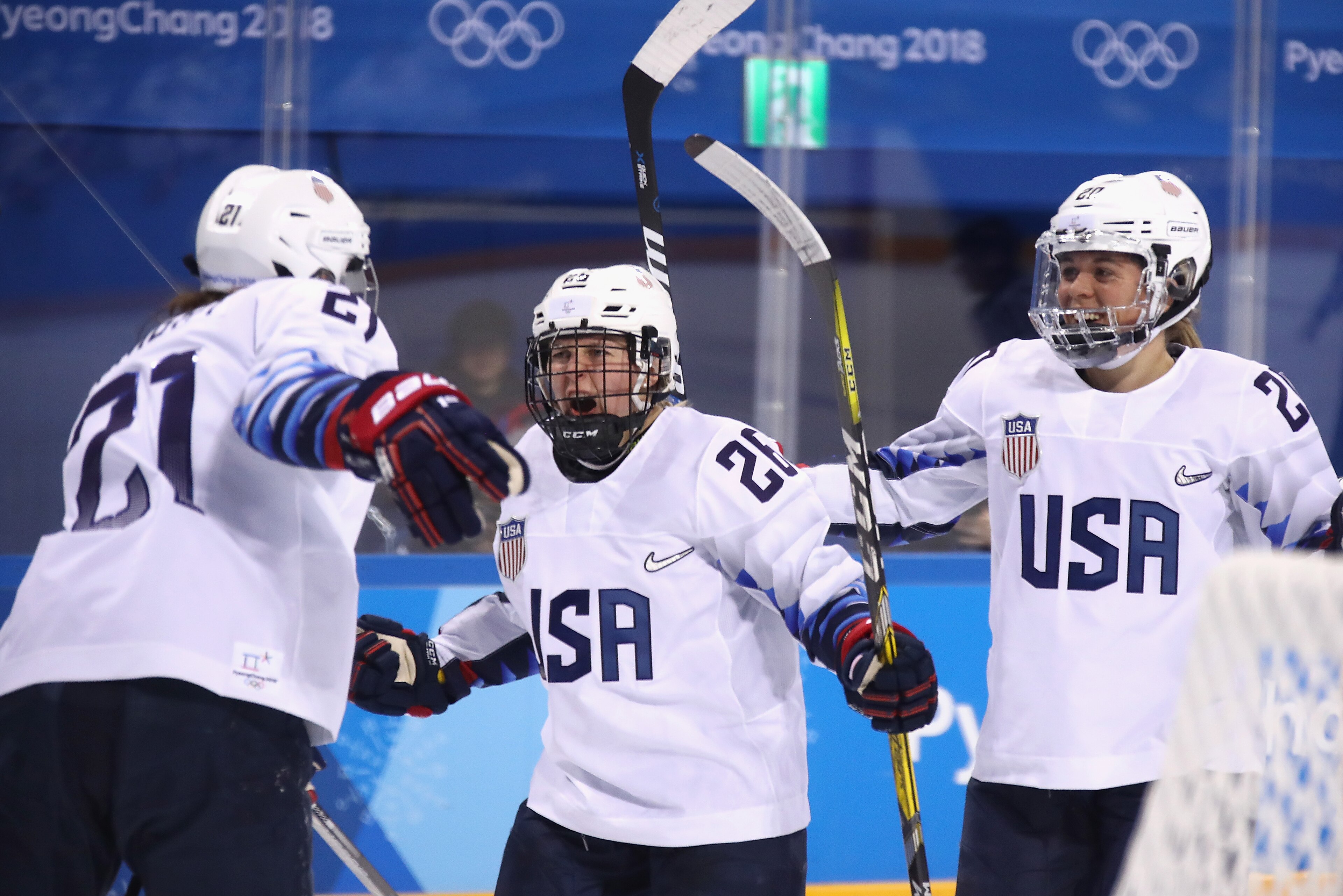 GANGNEUNG, SOUTH KOREA - FEBRUARY 11:  Kendall Coyne #26 of the United States celebrates with teammates after scoring a goal in the second period against Finland during the Women's Ice Hockey Preliminary Round - Group A game on day two of the PyeongChang 