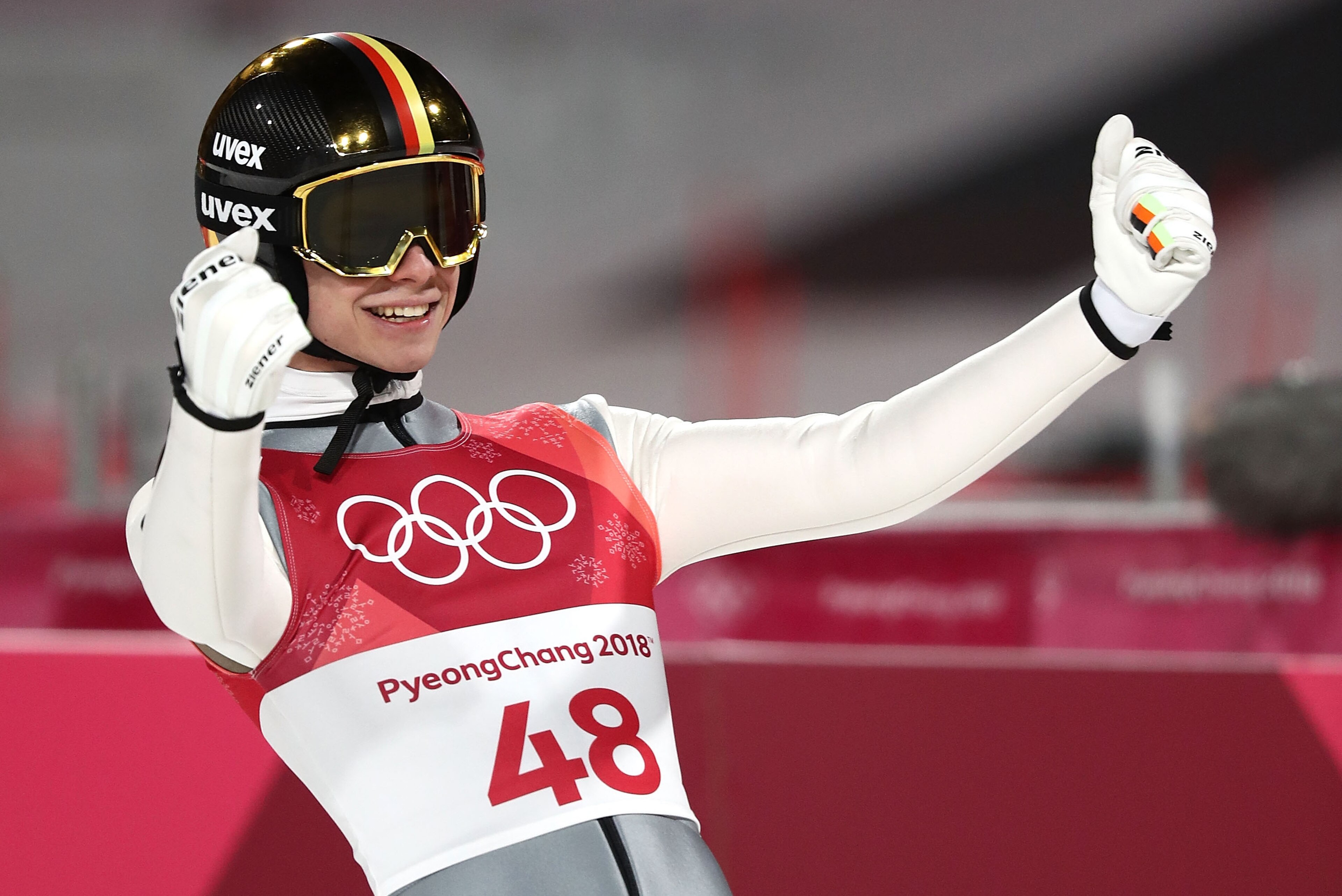 PYEONGCHANG-GUN, SOUTH KOREA - FEBRUARY 17:  Andreas Wellinger of Germany celebrates after his jump during the Ski Jumping - Men's Large Hill on day eight of the PyeongChang 2018 Winter Olympic Games at Alpensia Ski Jumping Center on February 17, 2018 in 