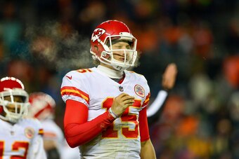 DENVER, CO - DECEMBER 31:  Quarterback Patrick Mahomes #15 of the Kansas City Chiefs looks on during a game against the Denver Broncos at Sports Authority Field at Mile High on December 31, 2017 in Denver, Colorado. (Photo by Dustin Bradford/Getty Images)