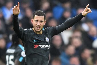 Chelsea's Belgian midfielder Eden Hazard celebrates after scoring their third goal during the English Premier League football match between Brighton and Hove Albion and Chelsea at the American Express Community Stadium in Brighton, southern England on Jan