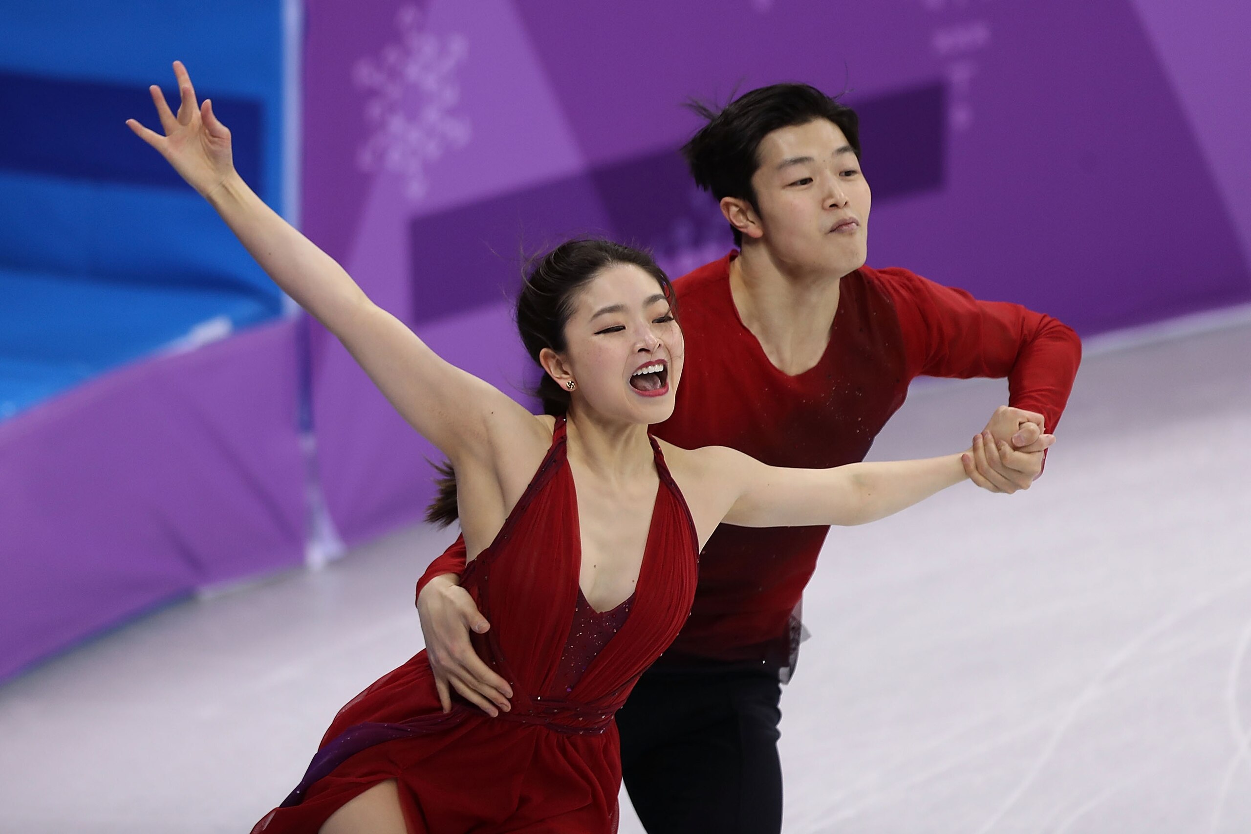 PYEONGCHANG-GUN, SOUTH KOREA - FEBRUARY 12: Maia Shibutani and Alex Shibutani of the United States react after their routine in the Figure Skating Team Event Ice Dance Free Dance on day three of the PyeongChang 2018 Winter Olympic Games at Gangneung Ice A