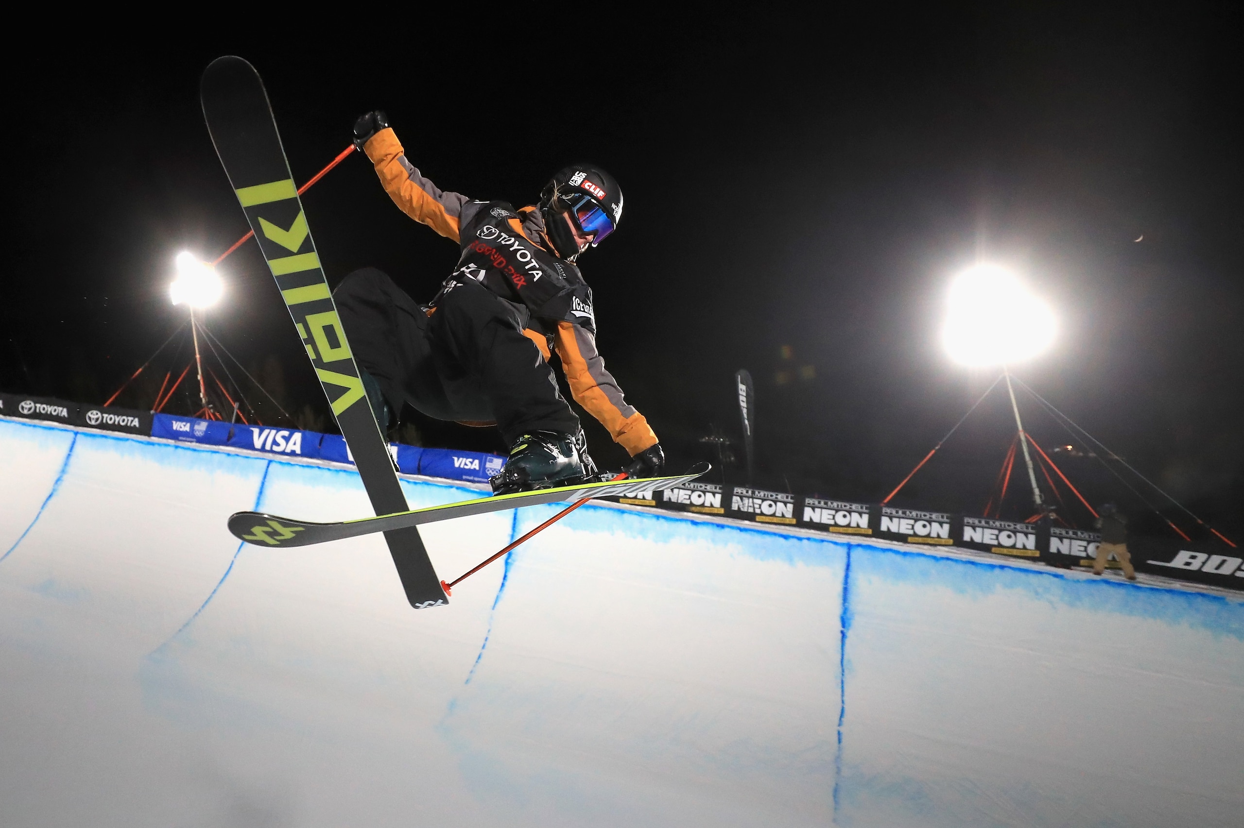 MAMMOTH, CA - JANUARY 19:  Maddie Bowman competes in the final round of the FIS Freeski World Cup 2018 Ladies'  Ski Halfpipe during the Toyota U.S. Grand Prix on January 19, 2018 in Mammoth, California.  Bowman finished in second place.  (Photo by Sean M.