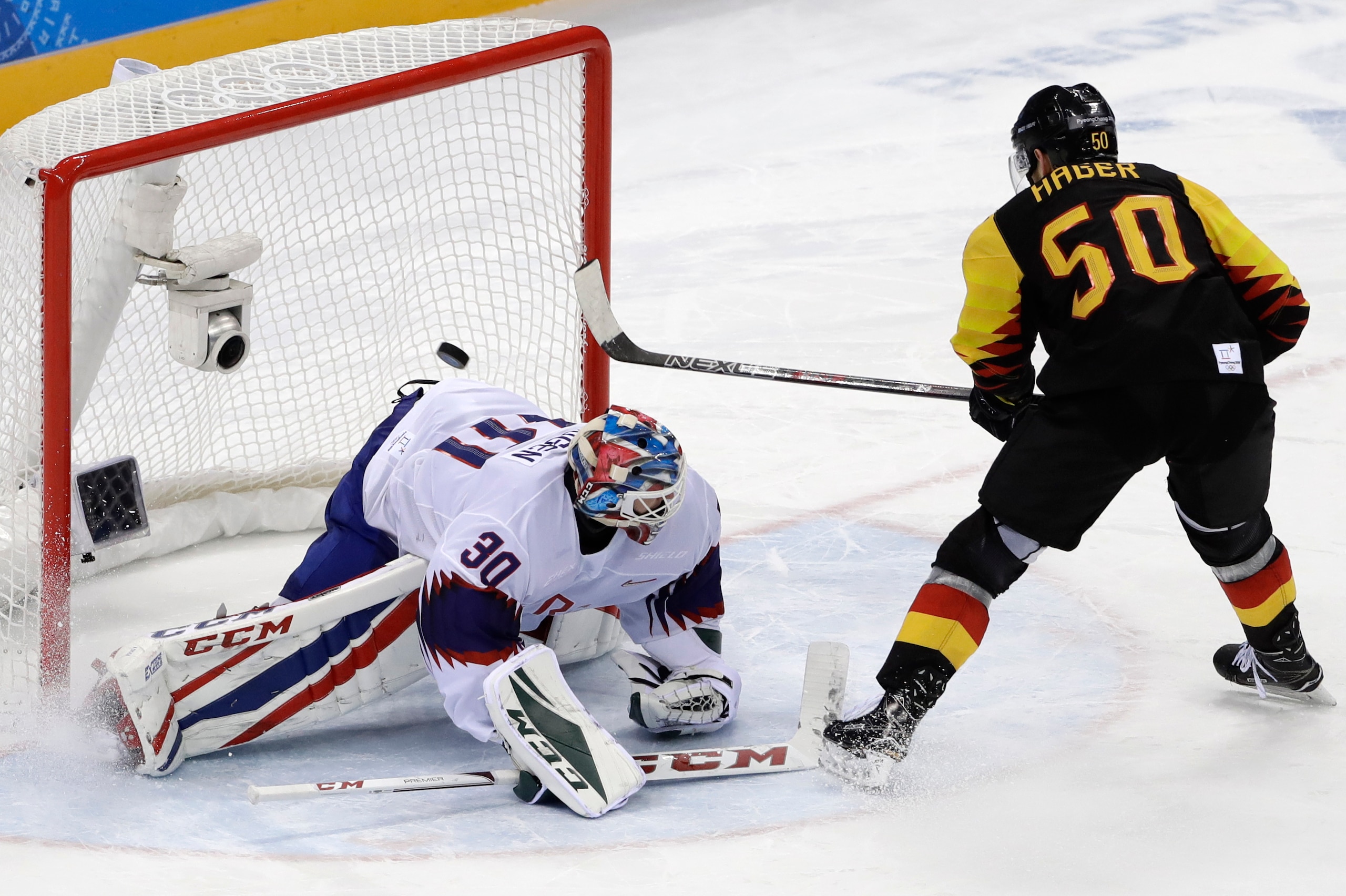 Patrick Hager can put the puck in the net for Germany.