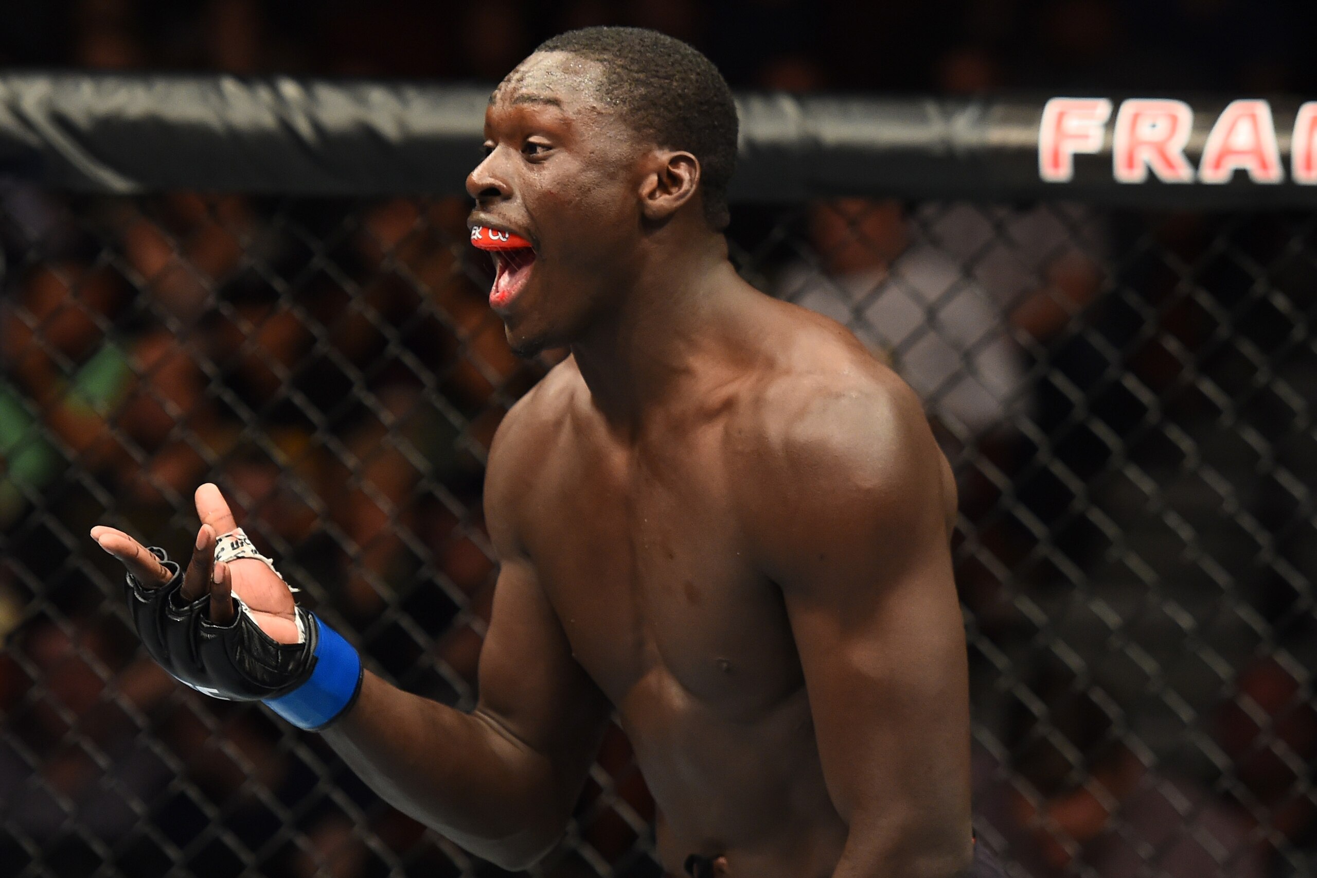 AUSTIN, TX - FEBRUARY 18:  Curtis Millender reacts after defeating Thiago Alves of Brazil in their welterweight bout during the UFC Fight Night event at Frank Erwin Center on February 18, 2018 in Austin, Texas. Millender won by KO.  (Photo by Josh Hedges/