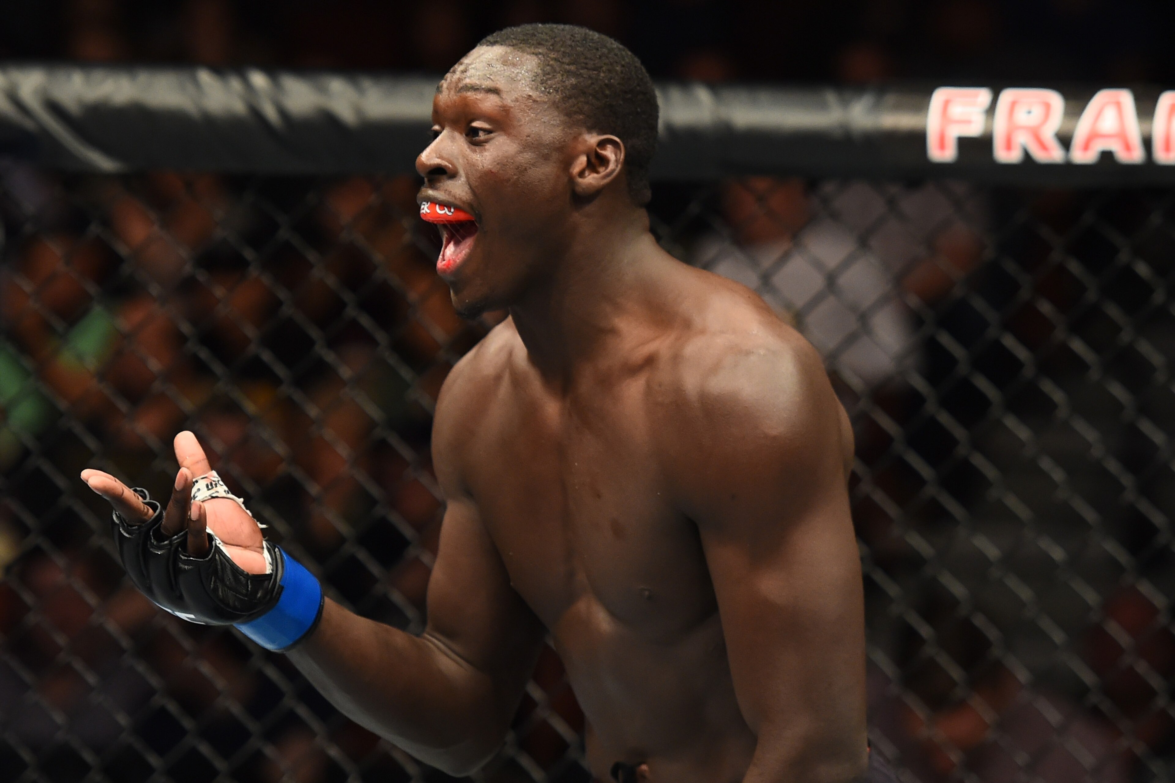 AUSTIN, TX - FEBRUARY 18:  Curtis Millender reacts after defeating Thiago Alves of Brazil in their welterweight bout during the UFC Fight Night event at Frank Erwin Center on February 18, 2018 in Austin, Texas. Millender won by KO.  (Photo by Josh Hedges/