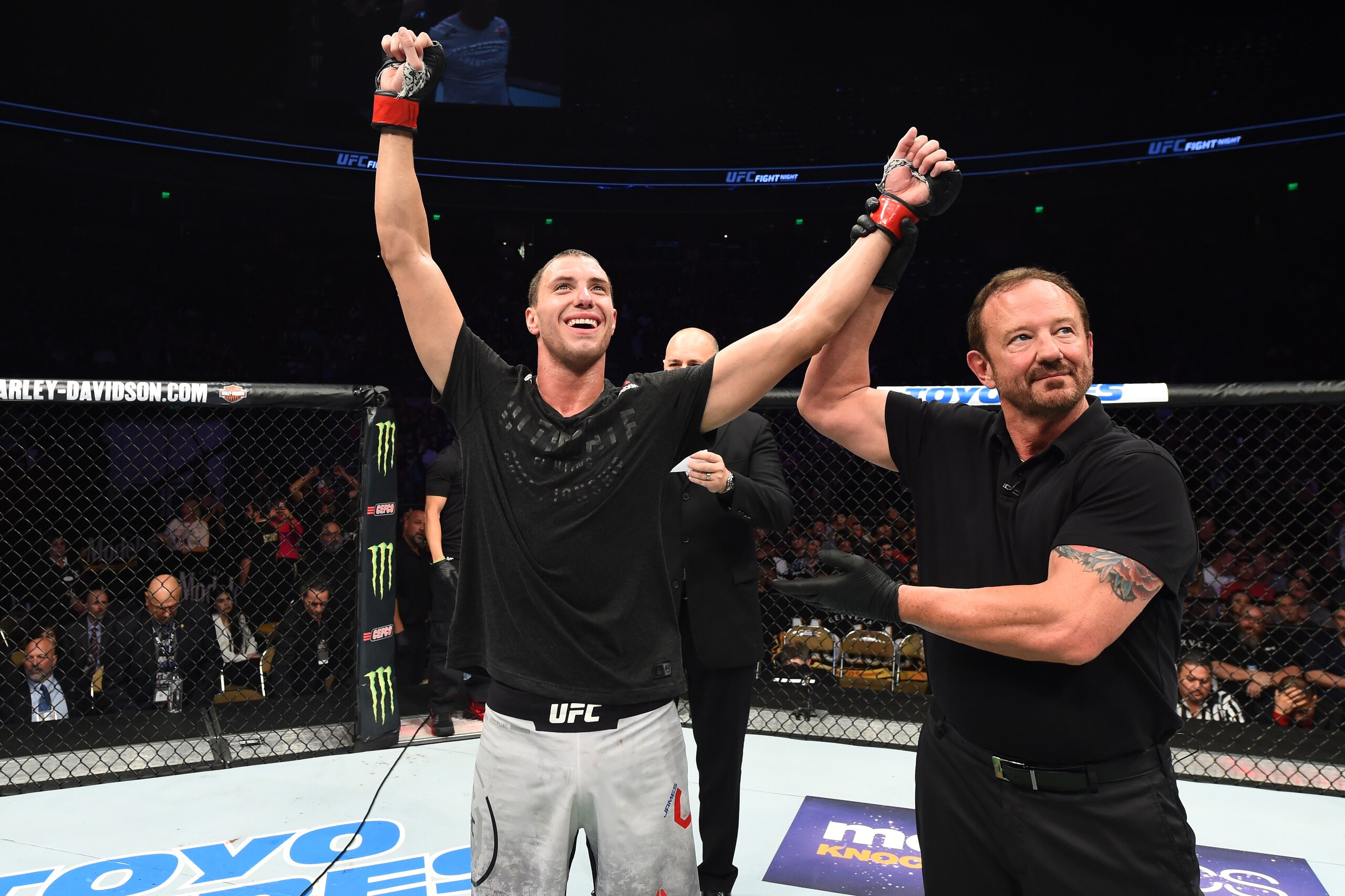 AUSTIN, TX - FEBRUARY 18:  James Vick celebrates after his unanimous decision victory over Francisco Trinaldo of Brazil in their lightweight bout during the UFC Fight Night event at Frank Erwin Center on February 18, 2018 in Austin, Texas.  (Photo by Josh