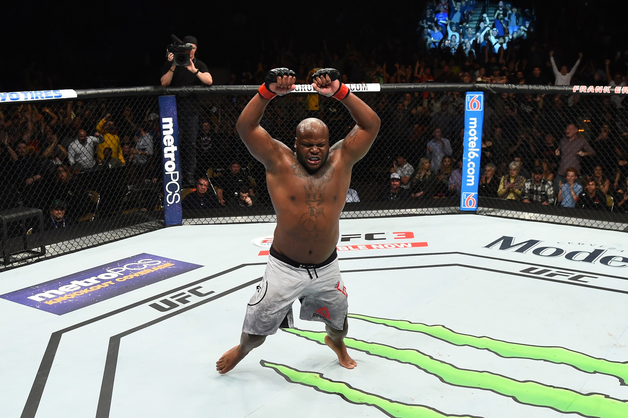 AUSTIN, TX - FEBRUARY 18:  Derrick Lewis celebrates after defeating Marcin Tybura of Poland by KO in their heavyweight bout during the UFC Fight Night event at Frank Erwin Center on February 18, 2018 in Austin, Texas.  (Photo by Josh Hedges/Zuffa LLC/Zuff