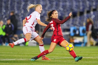 SAN DIEGO, CA - JANUARY 21:  Alex Morgan #13 of the U.S. women's national team shoots the ball on goal during the second half against the Danish women's national team at SDCCU Stadium on January 21, 2018 in San Diego, California.  (Photo by Kent Horner/Ge