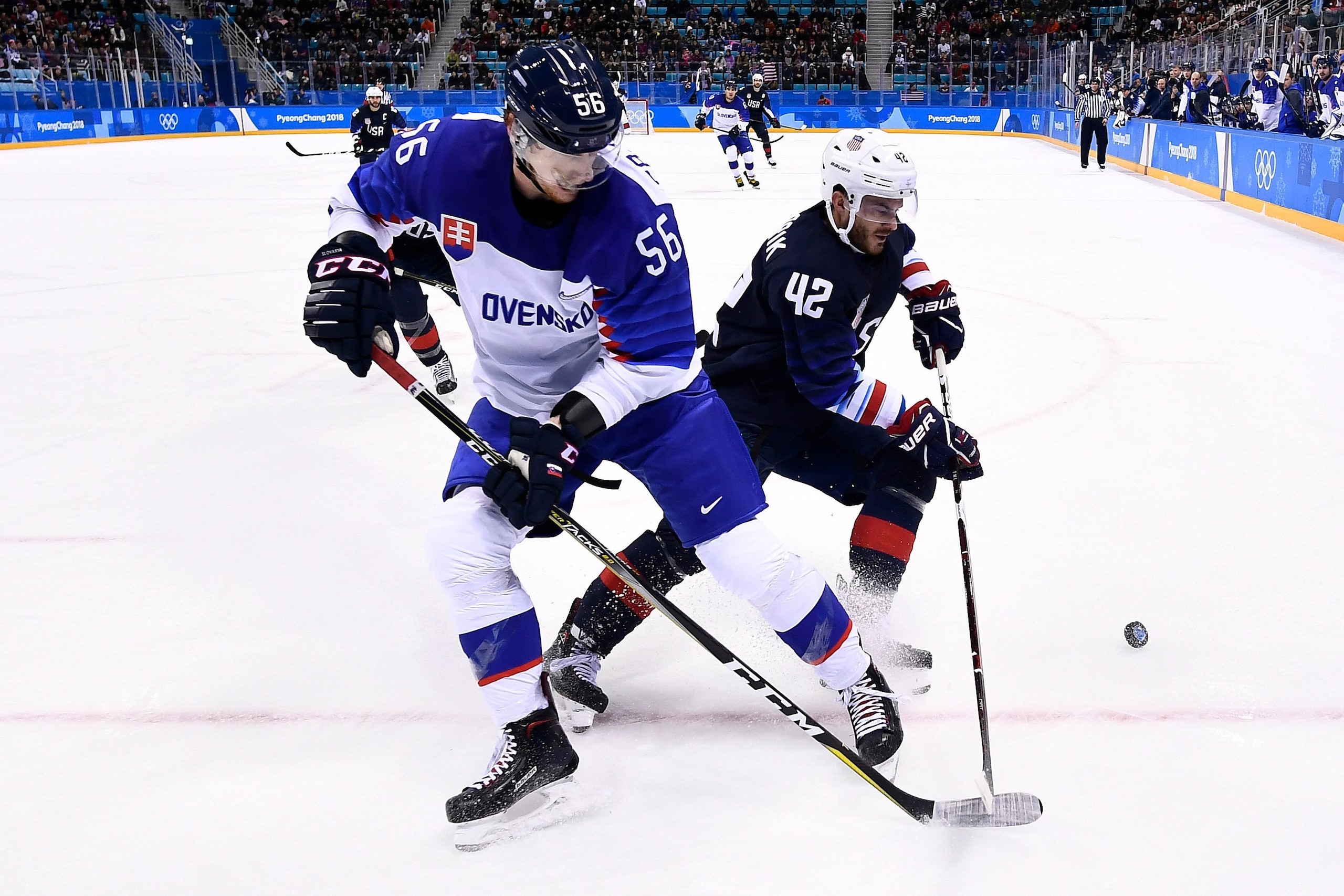 Slovakia's Michal Cajkovsky (L) and USA's Chad Kolarik fight for the puck in the men's preliminary round ice hockey match between the US and Slovakia during the Pyeongchang 2018 Winter Olympic Games at the Gangneung Hockey Centre in Gangneung on February 