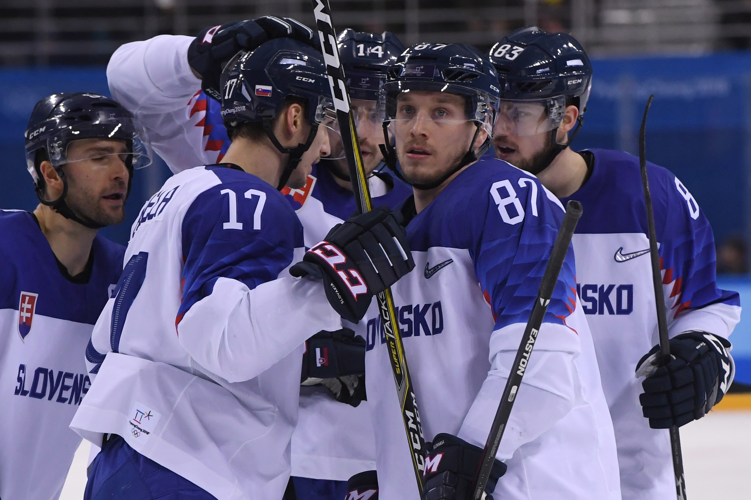 Slovakia's Milos Bubela (L) is congratulated by teammates after scoring in the men's preliminary round ice hockey match between Slovakia and Slovenia during the Pyeongchang 2018 Winter Olympic Games at the Kwandong Hockey Centre in Gangneung on February 1