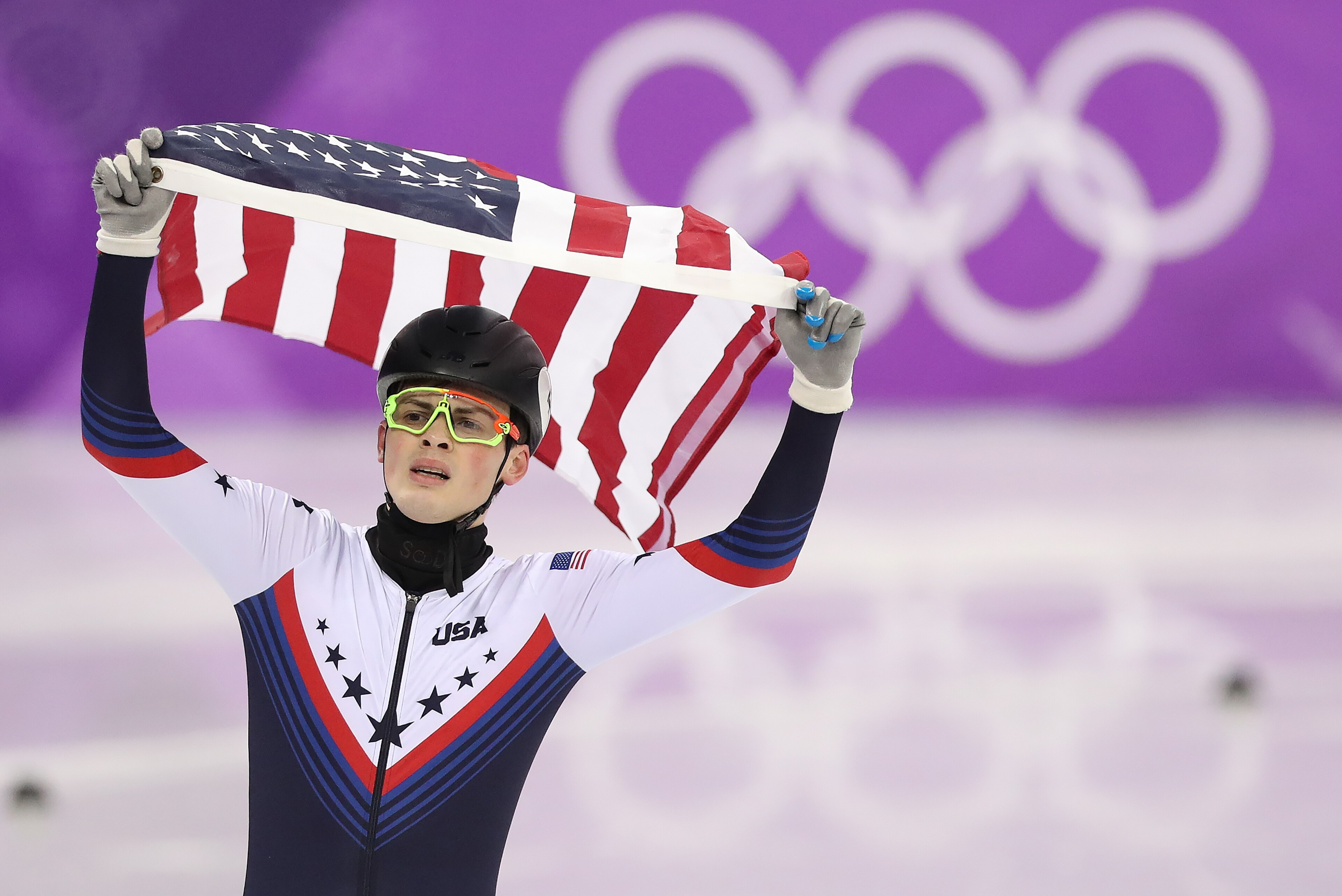 GANGNEUNG, SOUTH KOREA - FEBRUARY 17: John Henry Krueger of United States celebrates second place in the Men's 1000m Final during the Short Track Speed Skating on day eight of the PyeongChang 2018 Winter Olympic Games  at Gangneung Ice Arena on February 1