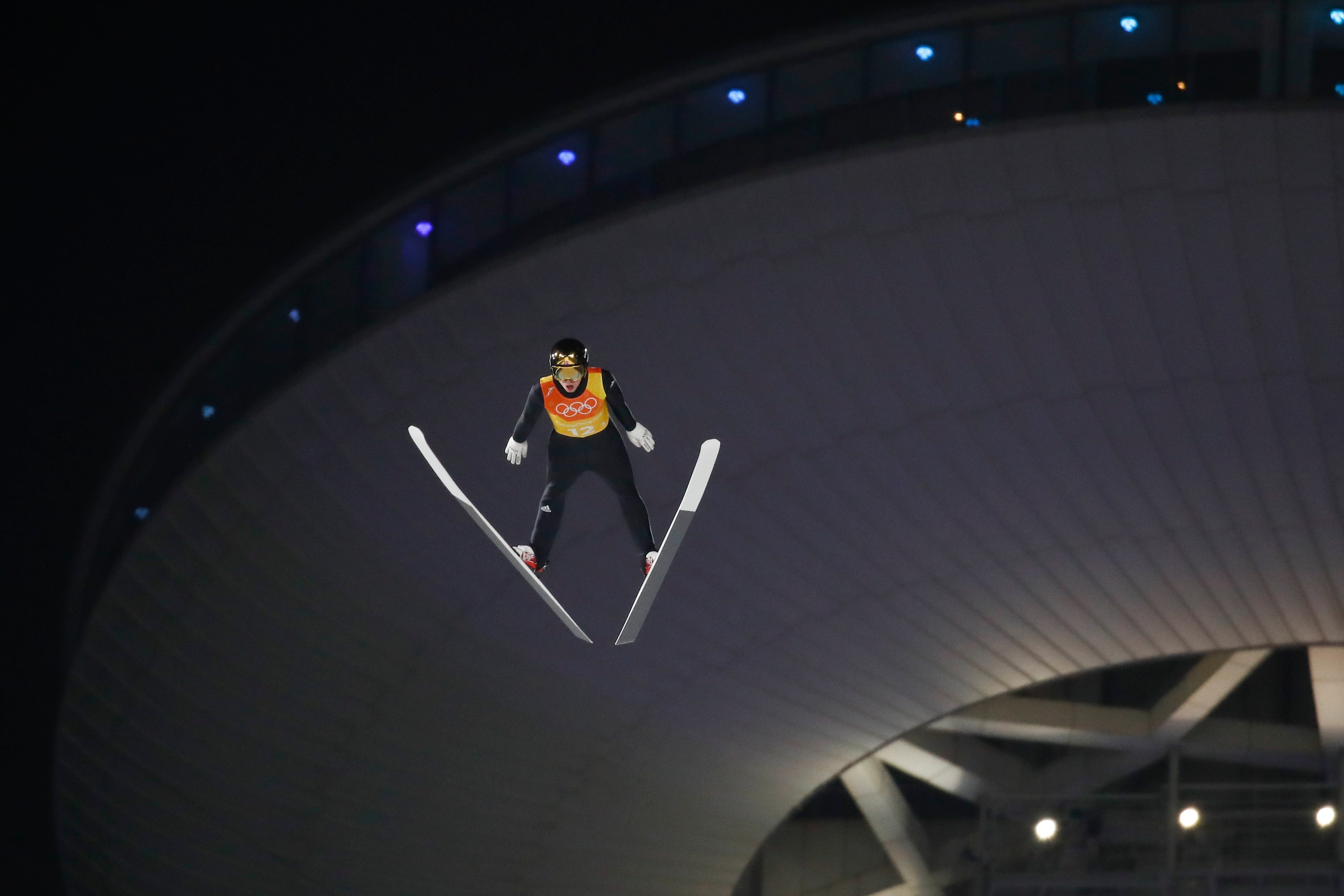 Norway's Johann Andre Forfang competes in the men's large hill team ski jumping first round for competition event during the Pyeongchang 2018 Winter Olympic Games on February 19, 2018, in Pyeongchang. / AFP PHOTO / Odd ANDERSEN        (Photo credit should