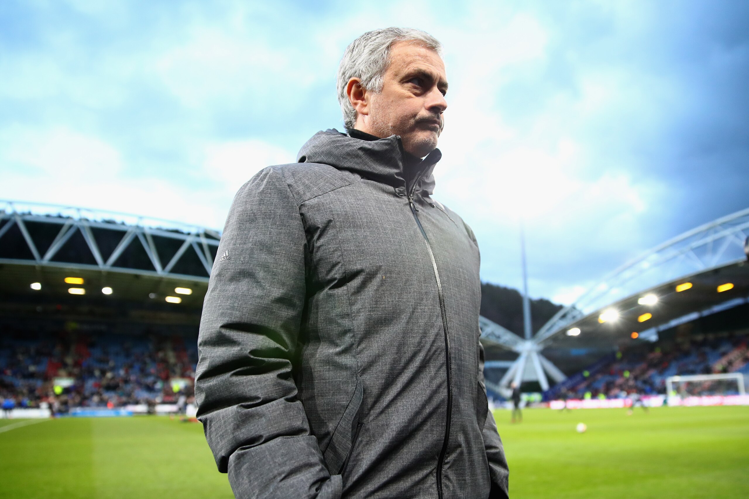 HUDDERSFIELD, ENGLAND - FEBRUARY 17:  Jose Mourinho, Manager of Manchester United looks on prior to the The Emirates FA Cup Fifth Round between Huddersfield Town v Manchester United on February 17, 2018 in Huddersfield, United Kingdom.  (Photo by Clive Br