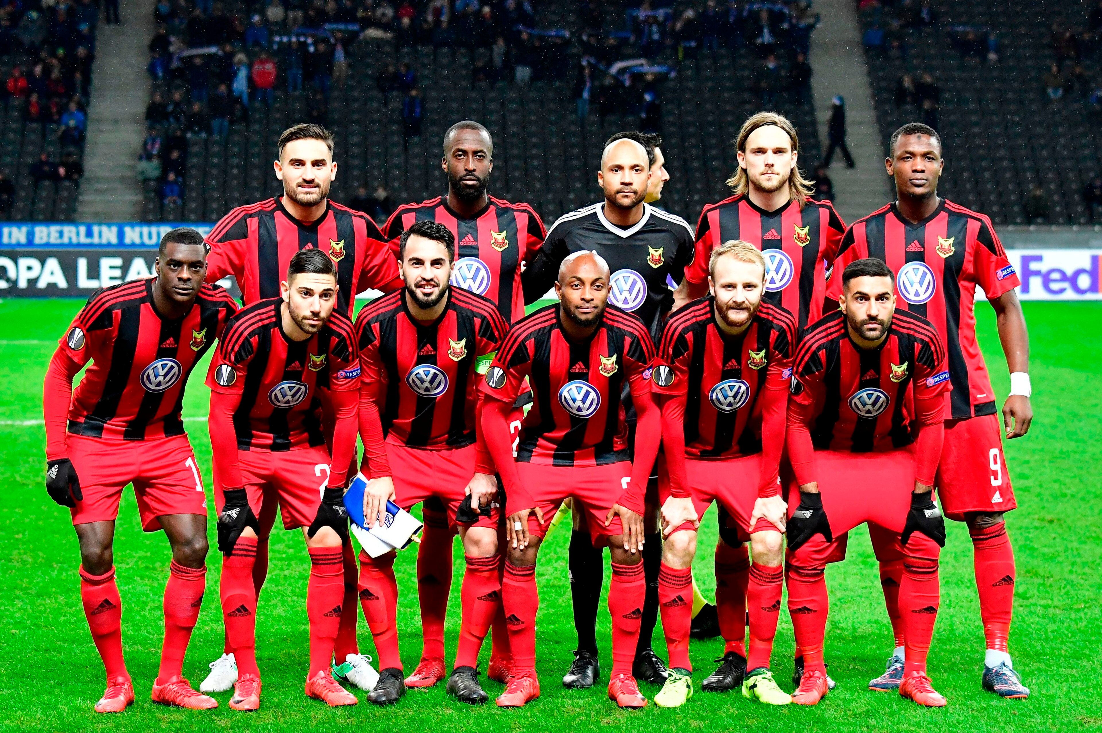 Players of Ostersund pose for a team picture prior to the UEFA Europa League group J football match Hertha BSC Berlin vs Ostersund FK on December 7, 2017 in Berlin.
 / AFP PHOTO / Tobias SCHWARZ        (Photo credit should read TOBIAS SCHWARZ/AFP/Getty Im
