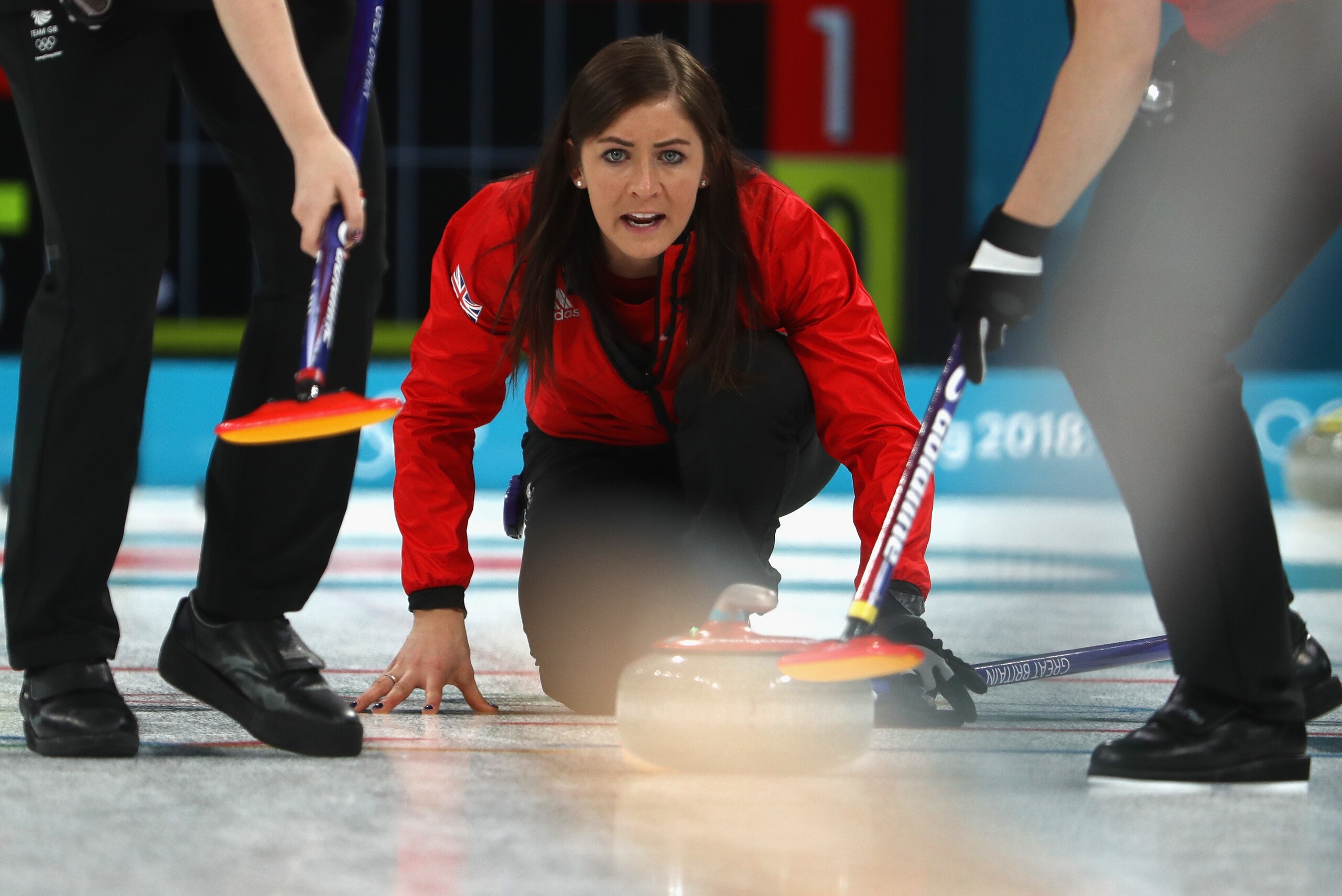 GANGNEUNG, SOUTH KOREA - FEBRUARY 20: Eve Muirhead of Great Britain competes during the Women's Round Robin Session 10 on day eleven of the PyeongChang 2018 Winter Olympic Games at Gangneung Curling Centre on February 20, 2018 in Gangneung, South Korea.  