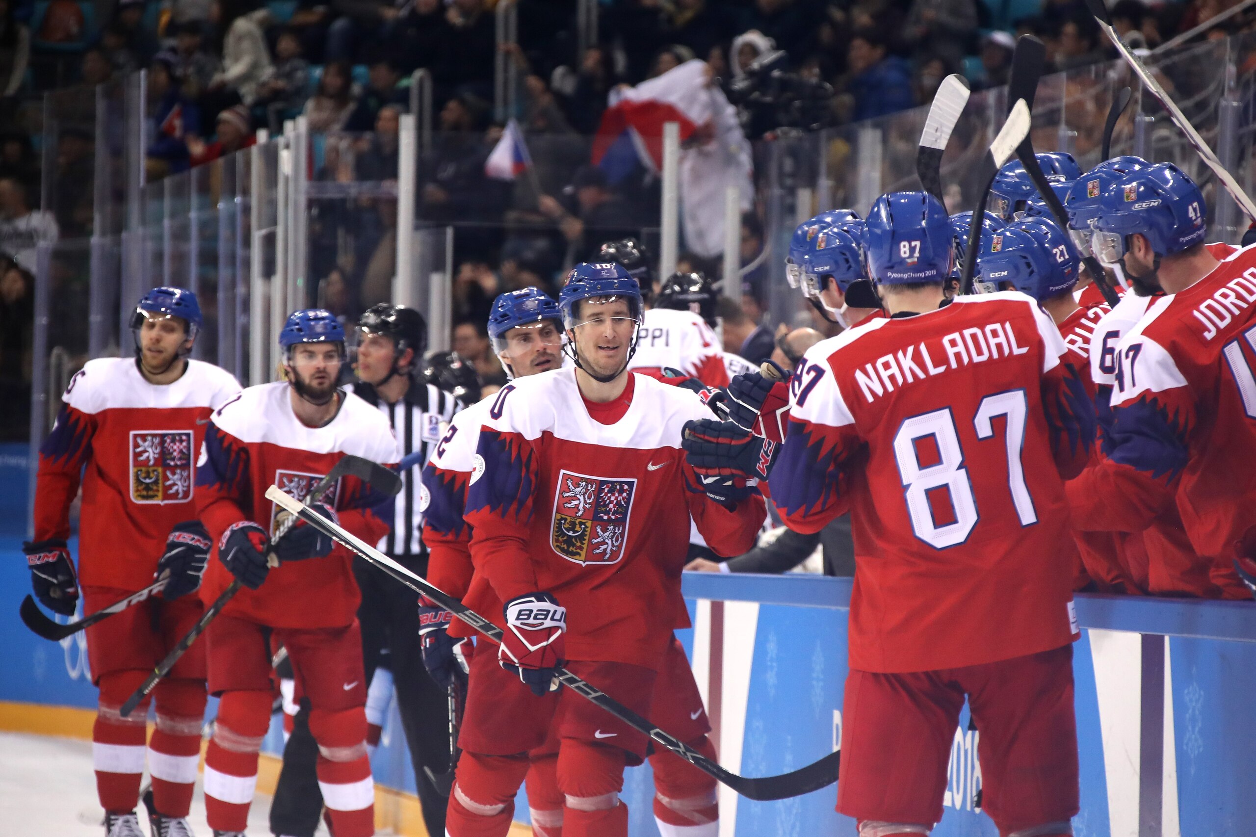GANGNEUNG, SOUTH KOREA - FEBRUARY 18:  Roman Cervenka #10 of the Czech Republic celebrates with his teammates after scoring a goal against Jonas Hiller #1 of Switzerland in the third period during the Men's Ice Hockey Preliminary Round Group A game on day