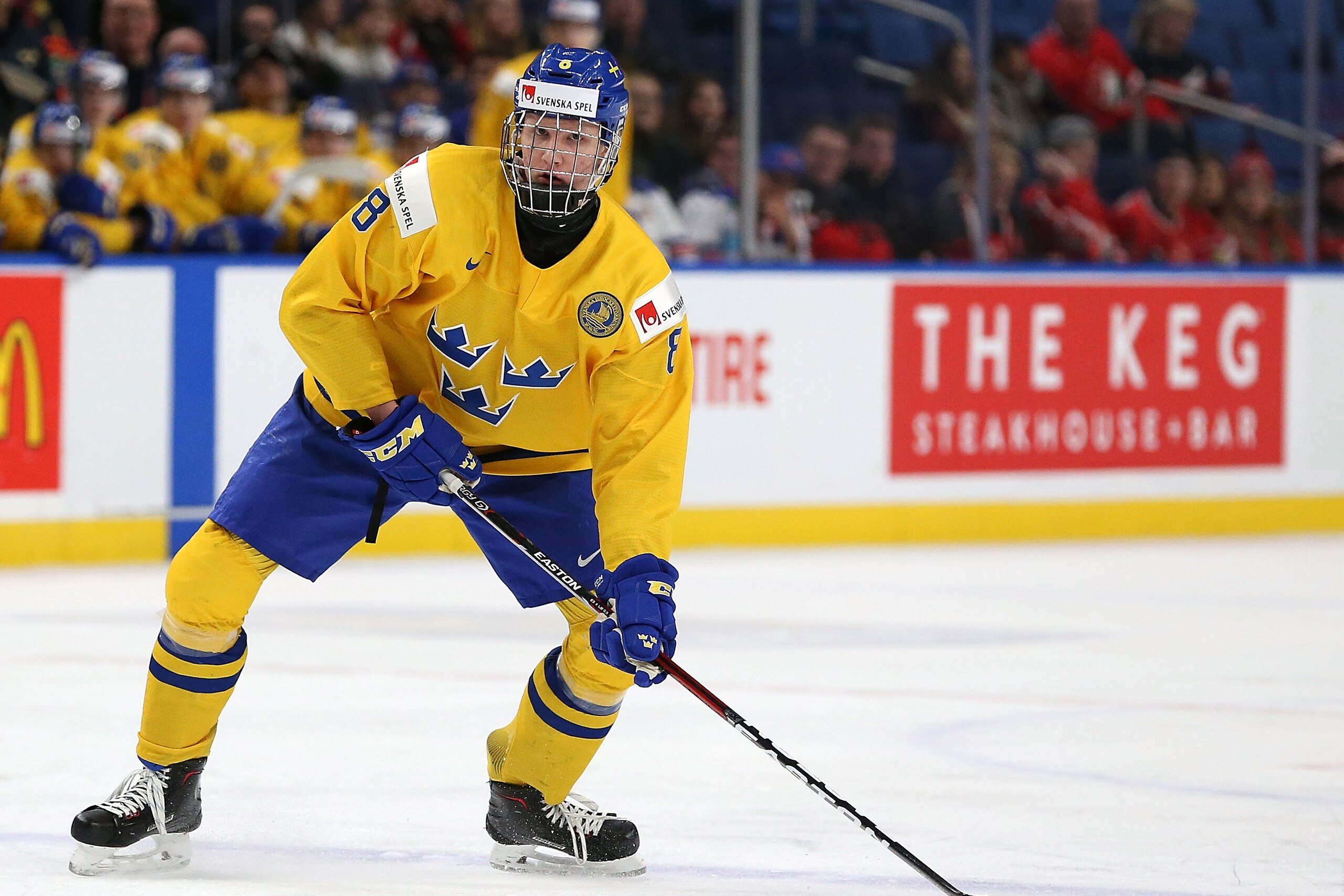 BUFFALO, NY - JANUARY 4: Rasmus Dahlin #8 of Sweden during the IIHF World Junior Championship against the United States at KeyBank Center on January 4, 2018 in Buffalo, New York. (Photo by Kevin Hoffman/Getty Images)