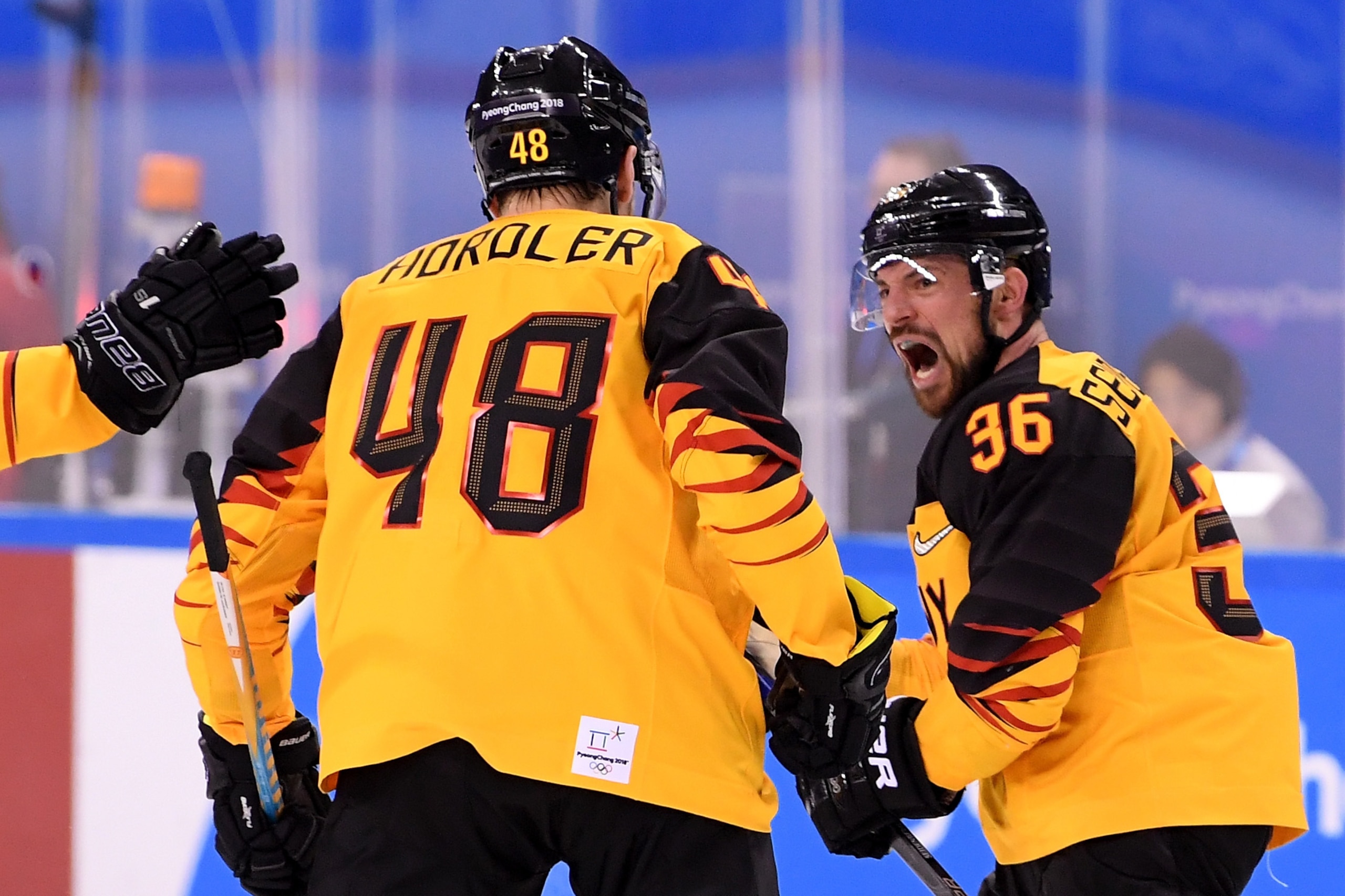 GANGNEUNG, SOUTH KOREA - FEBRUARY 20:  Yannic Seidenberg #36 of Germany celebrates scoring a goal in overtime to defeat Switzerland 2-1 during the Men's Ice Hockey Qualification Playoff game on day eleven of the PyeongChang 2018 Winter Olympic Games at Kw