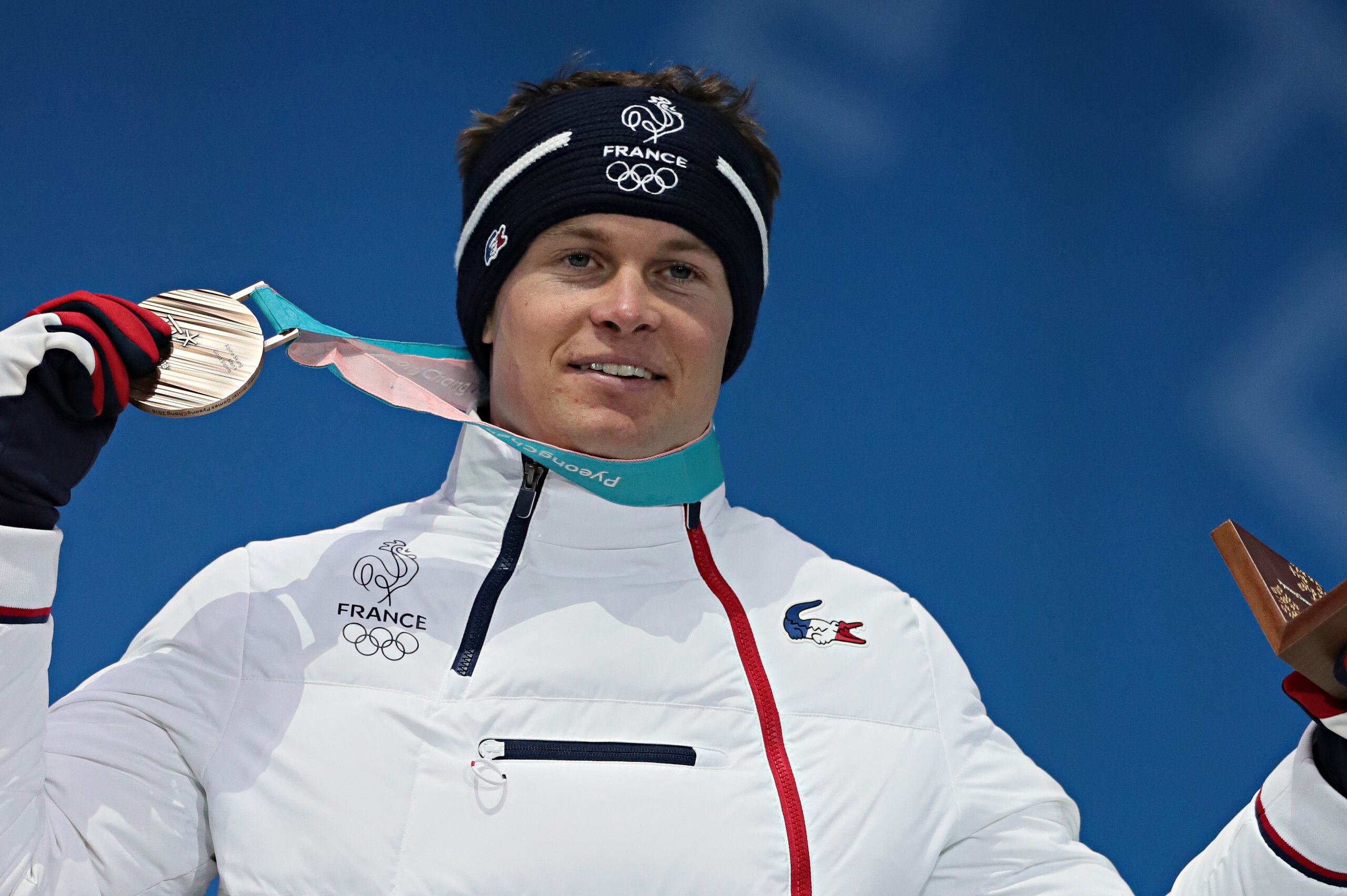 PYEONGCHANG-GUN, SOUTH KOREA - FEBRUARY 18: Alexis Pinturault of France wins the bronze medal of giant slalom during the Medal Ceremony at Medal Plaza on February 18, 2018 in Pyeongchang-gun, South Korea. (Photo by Laurent Salino/Agence Zoom/Getty Images)