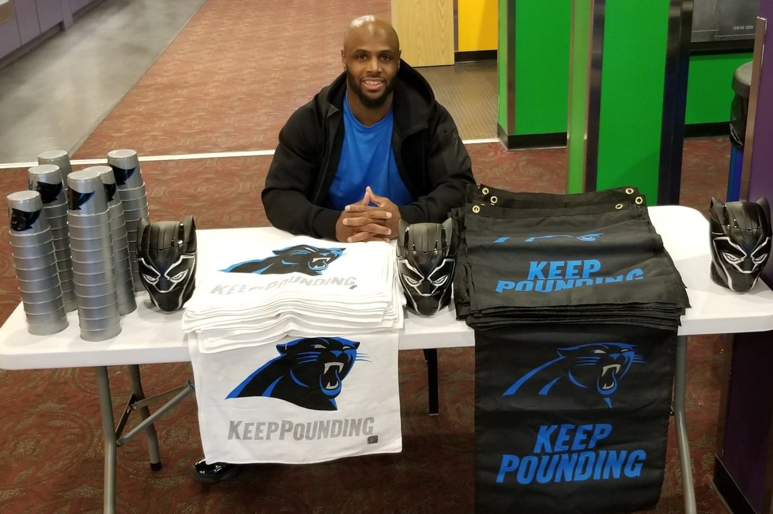 Panthers safety Mike Adams ahead of his "Black Panther" event.