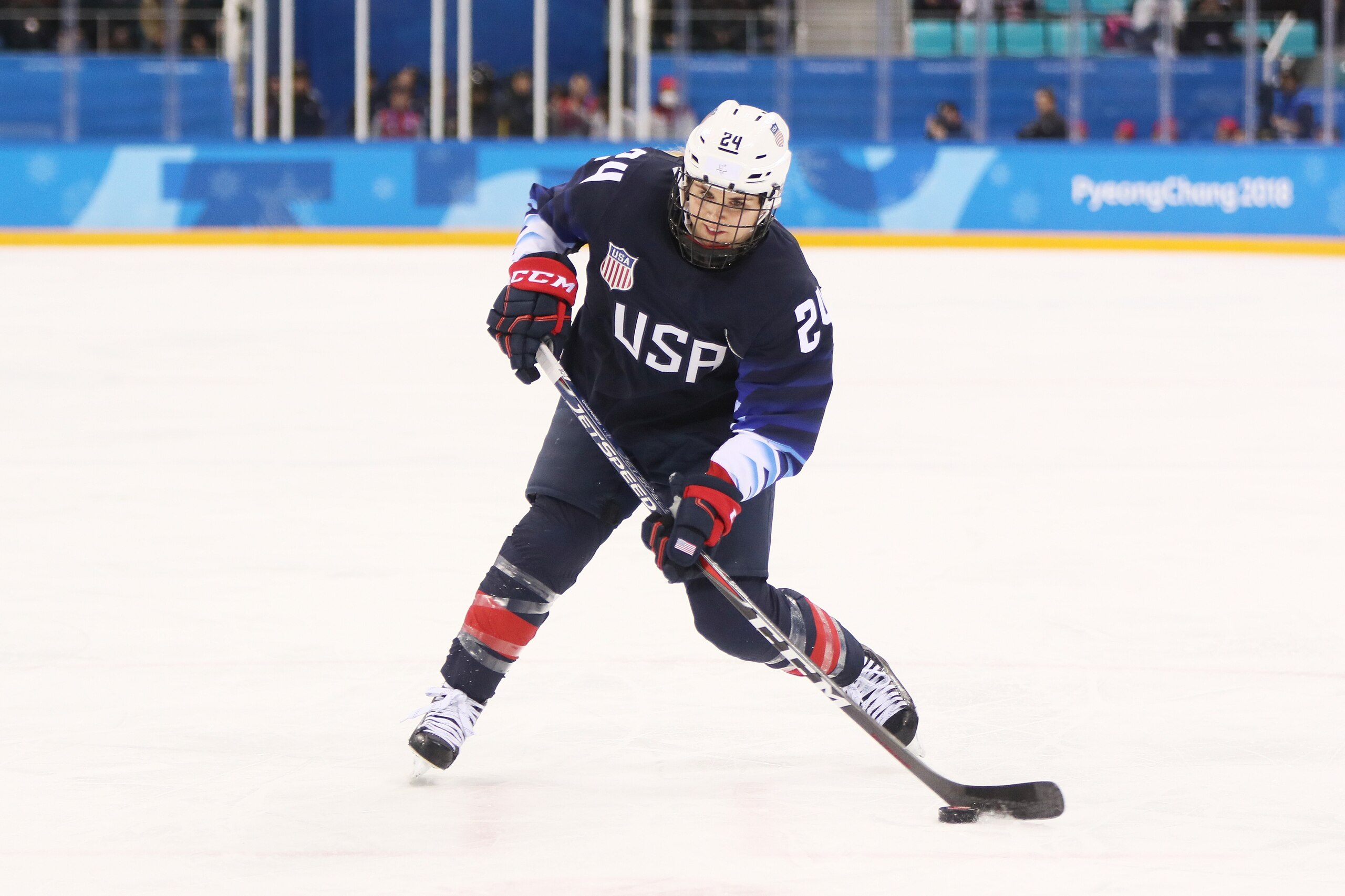 GANGNEUNG, SOUTH KOREA - FEBRUARY 19:  Danielle Cameranesi #24 of the United States controls the puck against Finland during the Ice Hockey Women Play-offs Semifinals on day 10 of the PyeongChang 2018 Winter Olympic Games at Gangneung Hockey Centre on Feb
