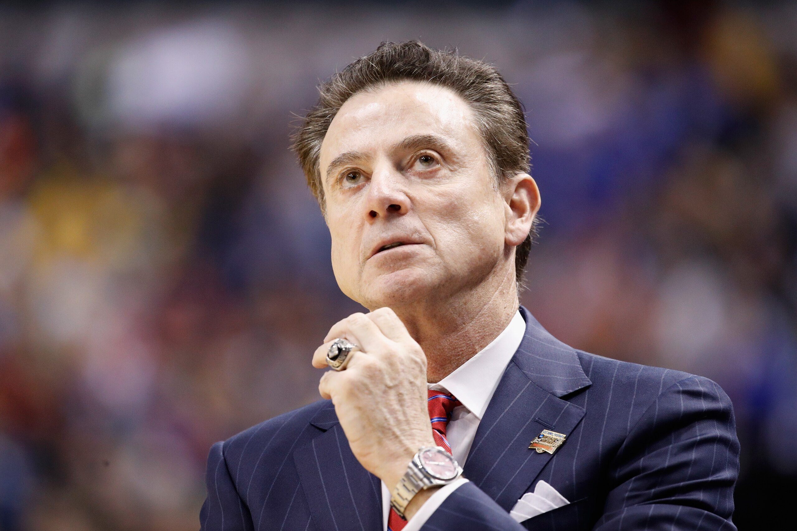 INDIANAPOLIS, IN - MARCH 19:  Head coach Rick Pitino of the Louisville Cardinals  reacts against the Michigan Wolverines in the second half during the second round of the 2017 NCAA Men's Basketball Tournament at the Bankers Life Fieldhouse on March 19, 20
