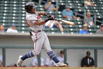 MESA, AZ - NOVEMBER 07:  Ronald Acuna #34 of Peoria Javelinas (ATL) stands at bat against the Mesa Solar Sox in the Arizona Fall League game at Sloan Park on November 11, 2017 in Mesa, Arizona.  (Photo by Jennifer Stewart/Getty Images)