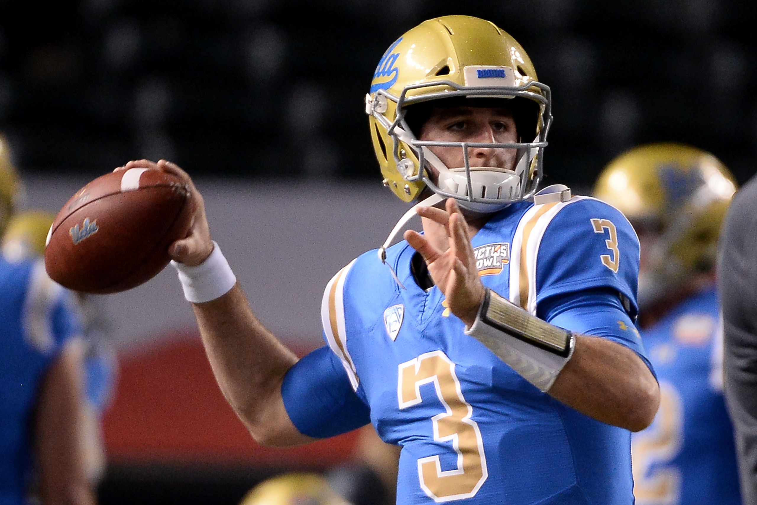 PHOENIX, AZ - DECEMBER 26:  Quarterback Josh Rosen #3 of the UCLA Bruins throws the football prior to the Cactus Bowl against Kansas State Wildcats at Chase Field on December 26, 2017 in Phoenix, Arizona. The Kansas State Wildcats won 35-17.  (Photo by Je