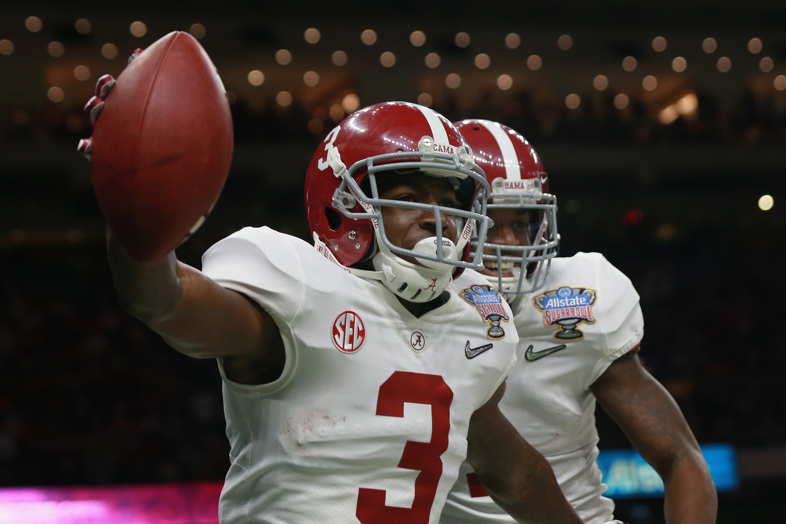 NEW ORLEANS, LA - JANUARY 01:  Calvin Ridley #3 of the Alabama Crimson Tide celebrates a reception for a touchdown with teammates in the first quarter of the AllState Sugar Bowl against the Clemson Tigers at the Mercedes-Benz Superdome on January 1, 2018 