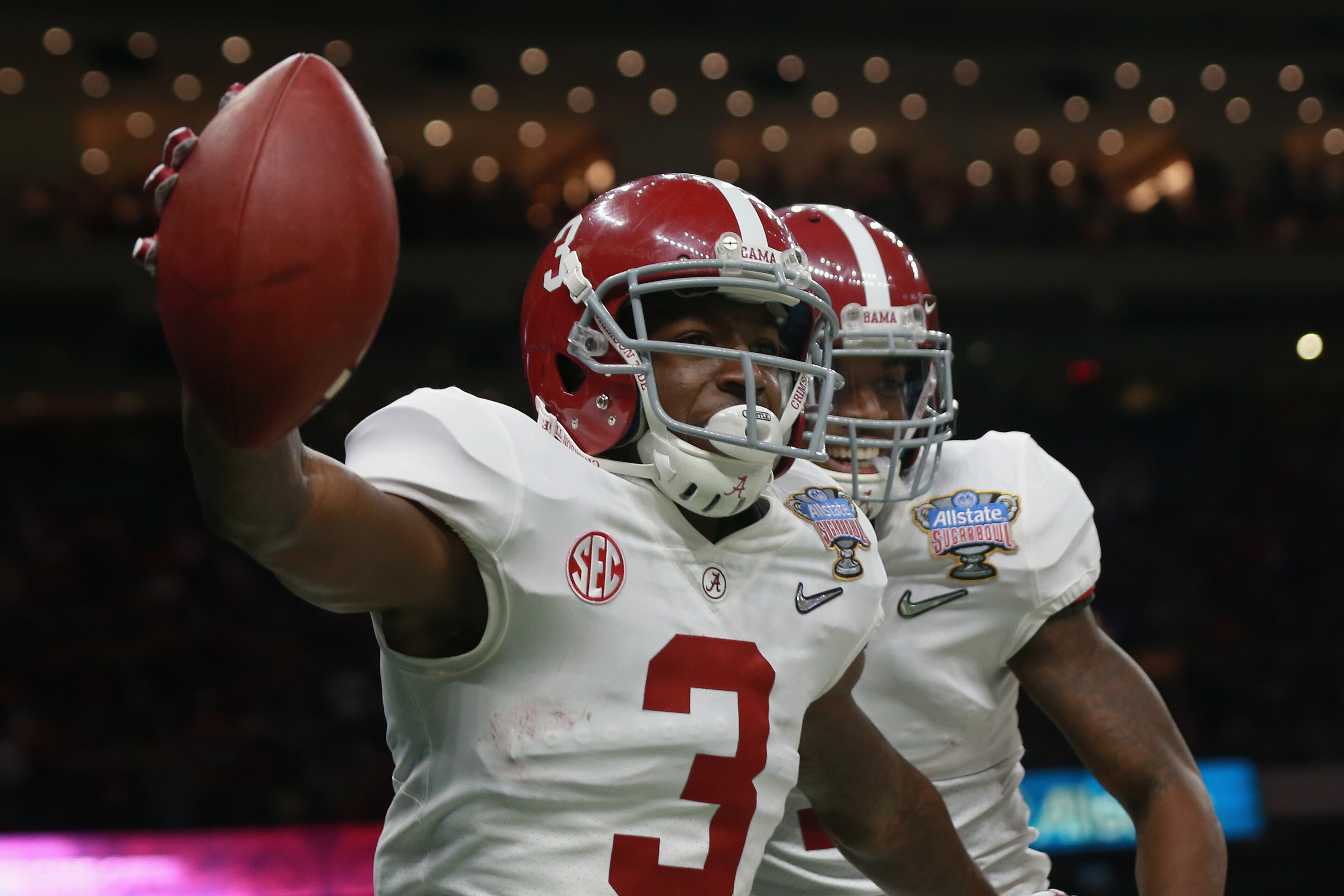 NEW ORLEANS, LA - JANUARY 01:  Calvin Ridley #3 of the Alabama Crimson Tide celebrates a reception for a touchdown with teammates in the first quarter of the AllState Sugar Bowl against the Clemson Tigers at the Mercedes-Benz Superdome on January 1, 2018 