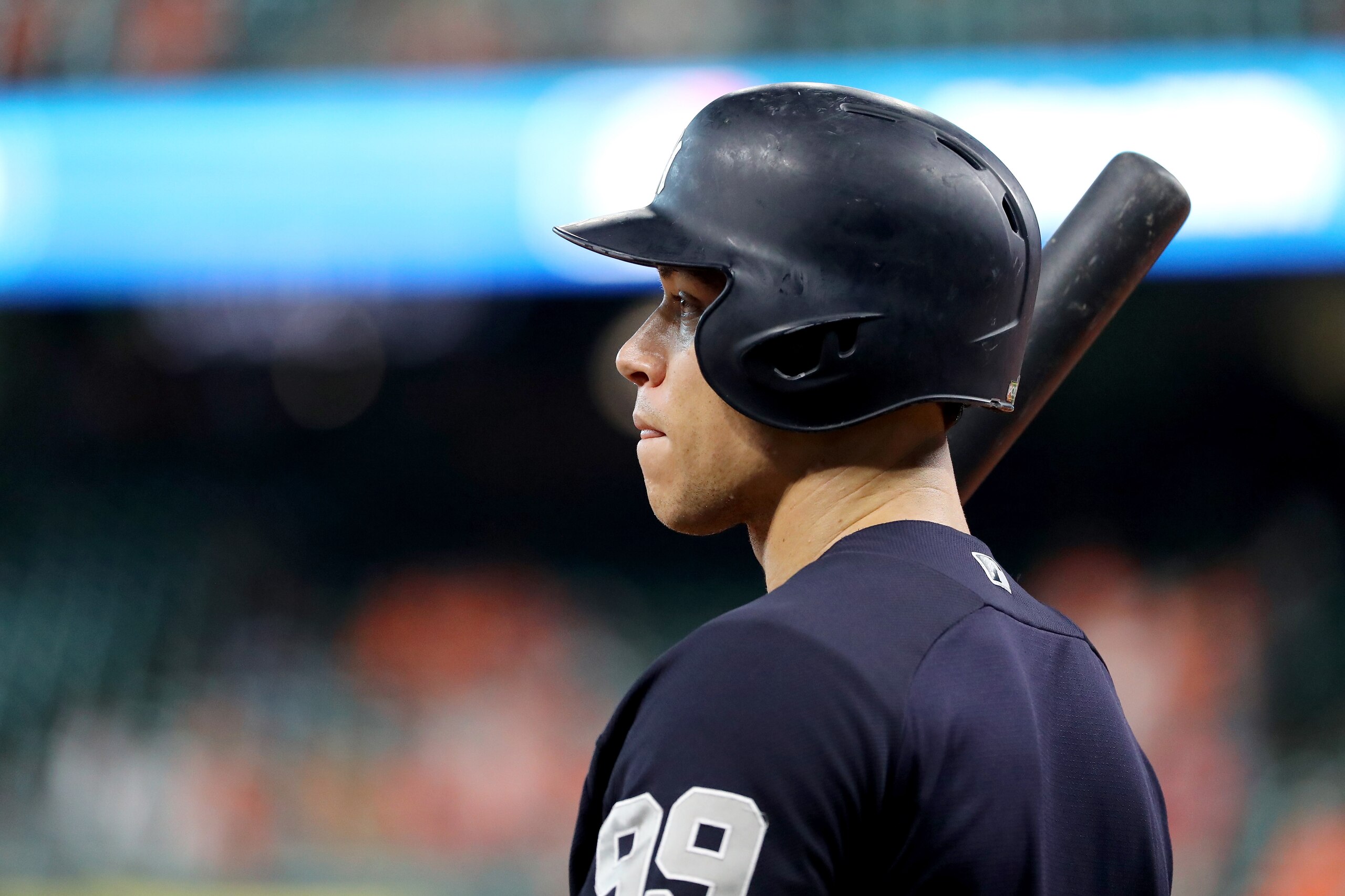 HOUSTON, TX - OCTOBER 21:  Aaron Judge #99 of the New York Yankees looks on during batting practice prior to Game Seven of the American League Championship Series against the Houston Astros at Minute Maid Park on October 21, 2017 in Houston, Texas.  (Phot