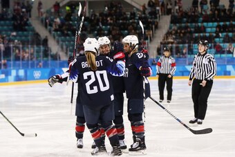 GANGNEUNG, SOUTH KOREA - FEBRUARY 19:  Danielle Cameranesi #24 of the United States celebrates with teammates after scoring a third-period goal against Finland  during the Ice Hockey Women Play-offs Semifinals on day 10 of the PyeongChang 2018 Winter Olym