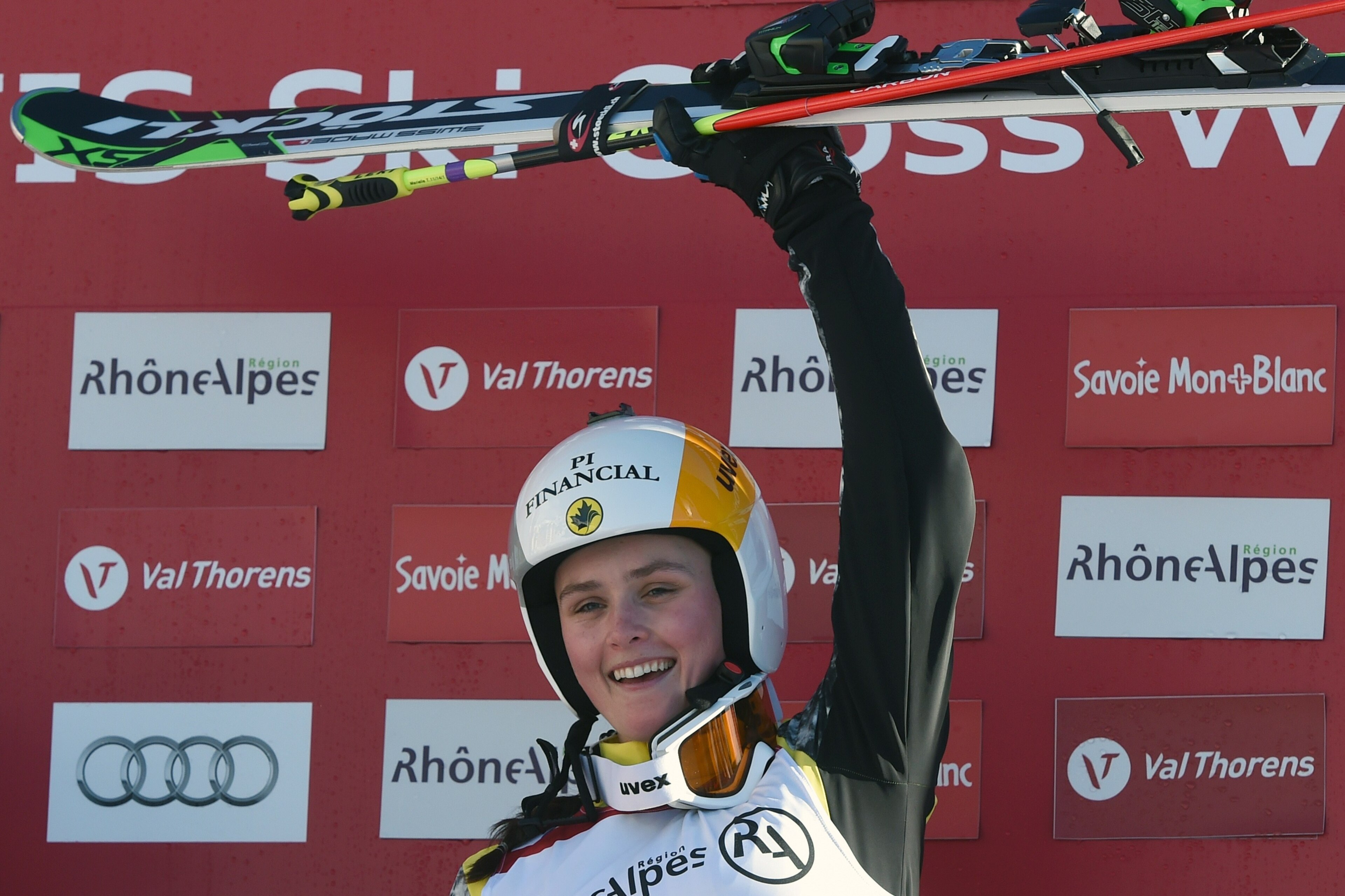 Marielle Thompson, first-placed celebrates on the podium during the FIS women's Skicross World Cup on January 10, 2015 at the Val-Thorens ski resort in the French Alps.       AFP PHOTO/PHILIPPE DESMAZES        (Photo credit should read PHILIPPE DESMAZES/A