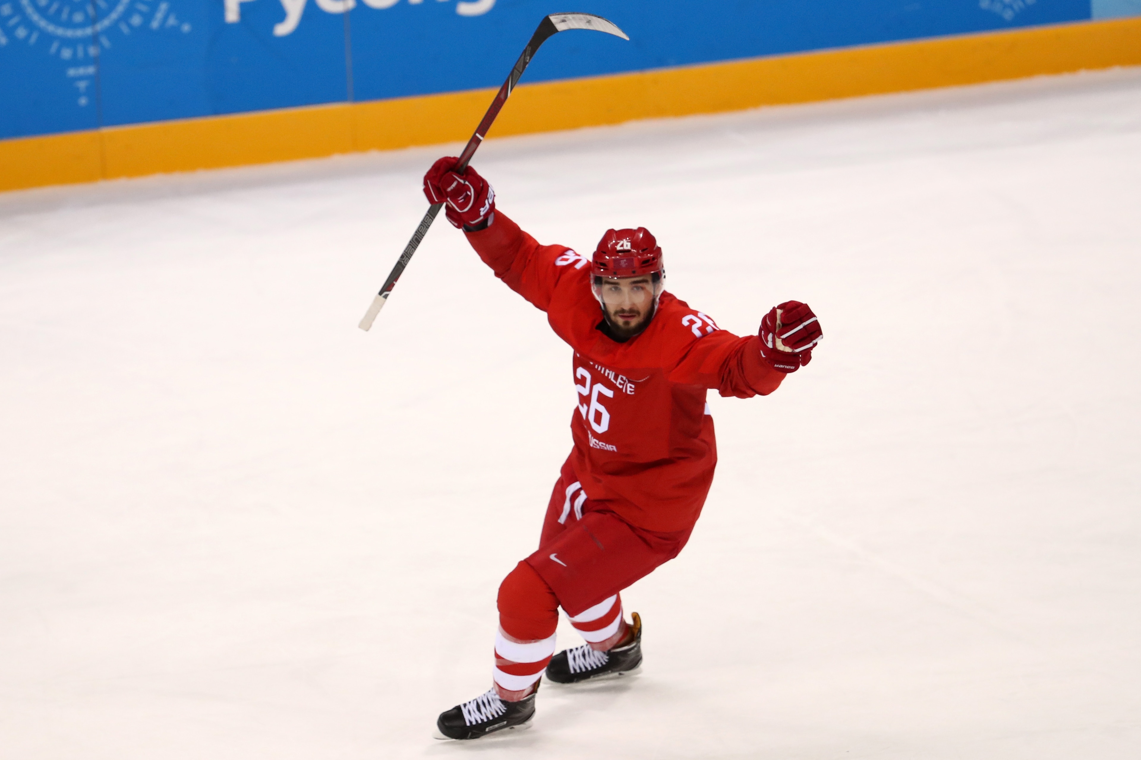 GANGNEUNG, SOUTH KOREA - FEBRUARY 17:  Vyacheslav Voinov #26 of Olympic Athlete from Russia celebrates after a goal by Ilya Kovalchuk #71 of Olympic Athlete from Russia against the United States during the Men's Ice Hockey Preliminary Round Group B game o