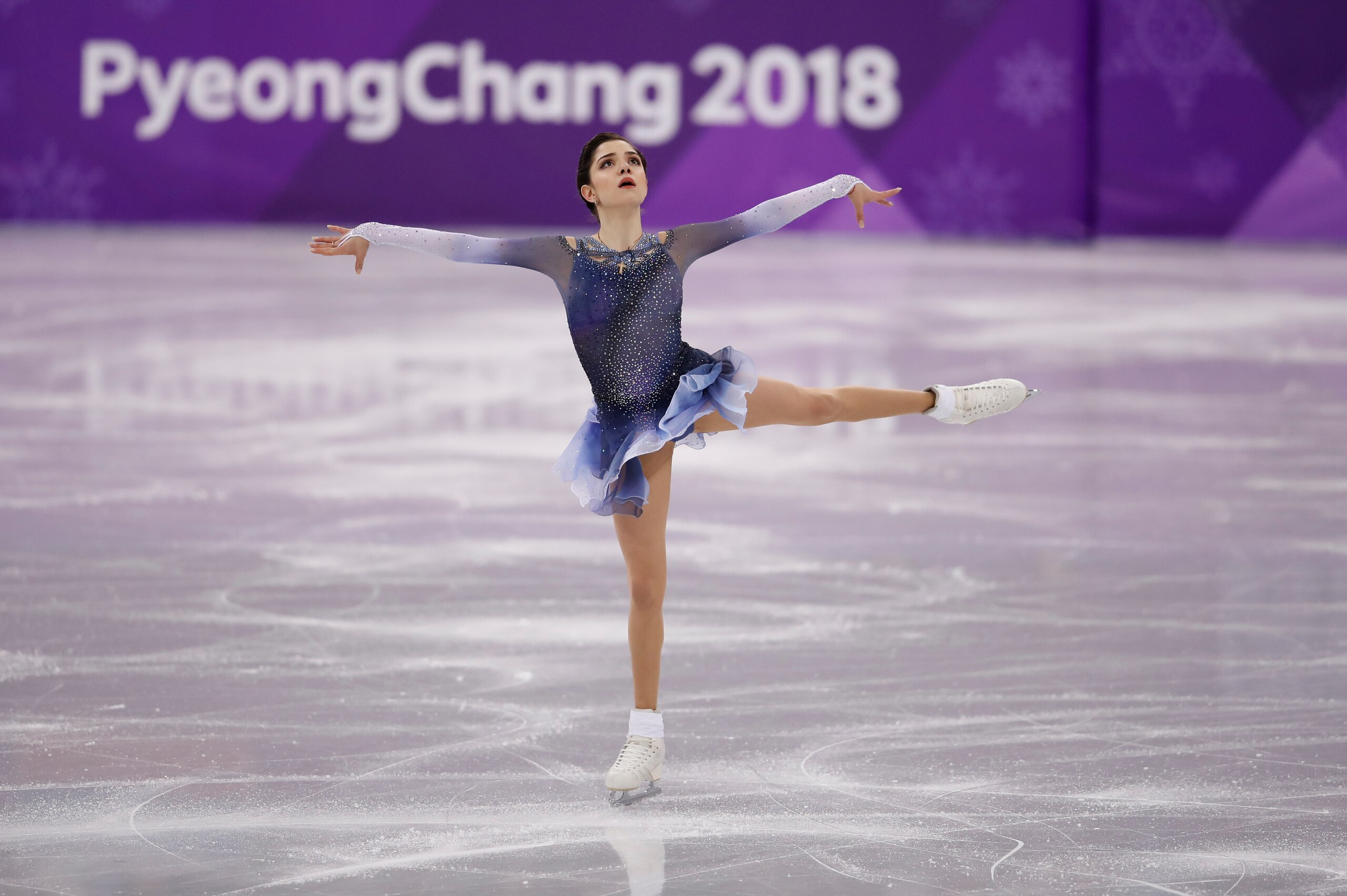 GANGNEUNG, SOUTH KOREA - FEBRUARY 21:  Evgenia Medvedeva of Russia competes during the Ladies Single Skating Short Program on day twelve of the PyeongChang 2018 Winter Olympic Games at Gangneung Ice Arena on February 21, 2018 in Gangneung, South Korea.  (