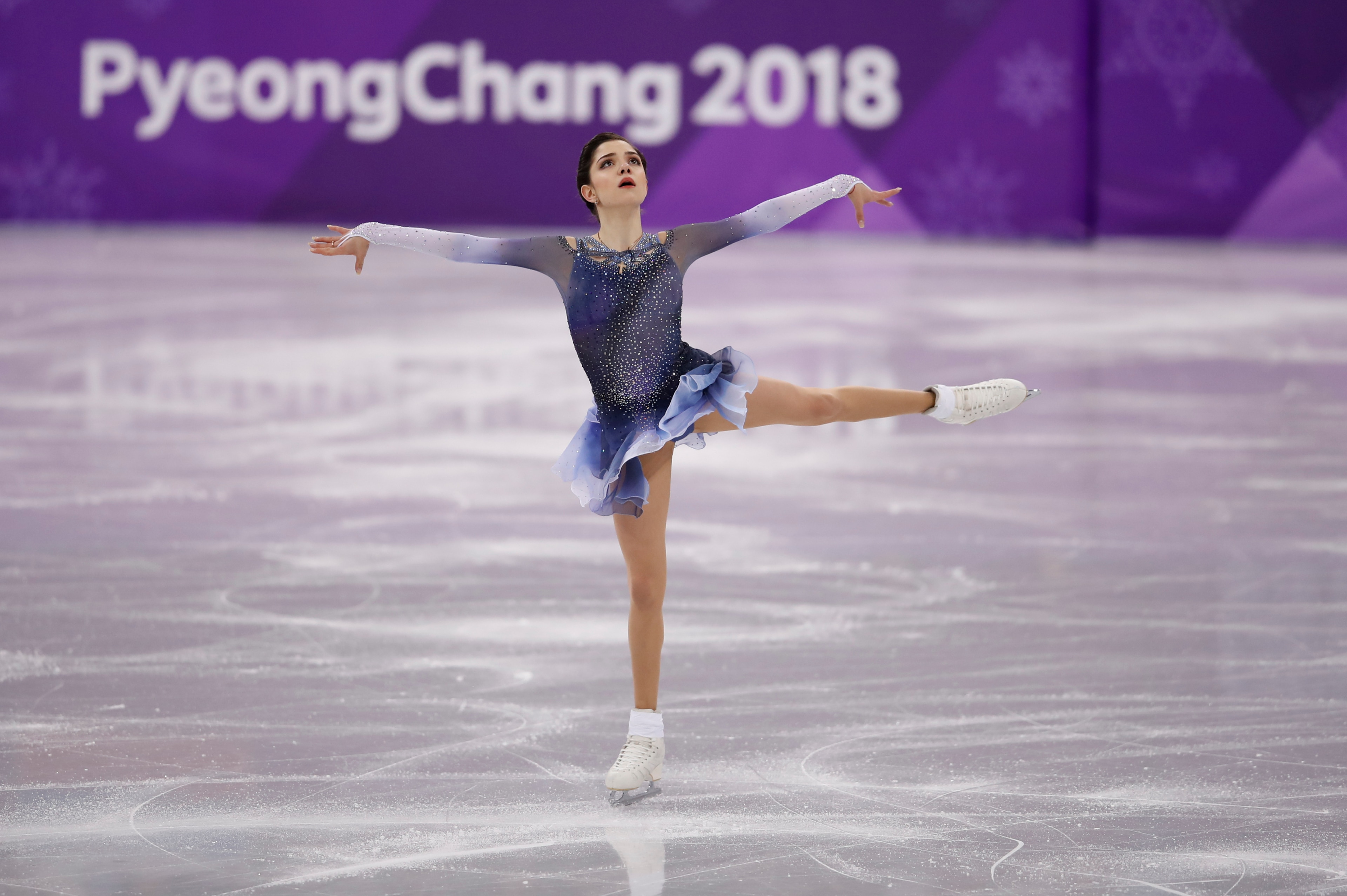 GANGNEUNG, SOUTH KOREA - FEBRUARY 21:  Evgenia Medvedeva of Russia competes during the Ladies Single Skating Short Program on day twelve of the PyeongChang 2018 Winter Olympic Games at Gangneung Ice Arena on February 21, 2018 in Gangneung, South Korea.  (