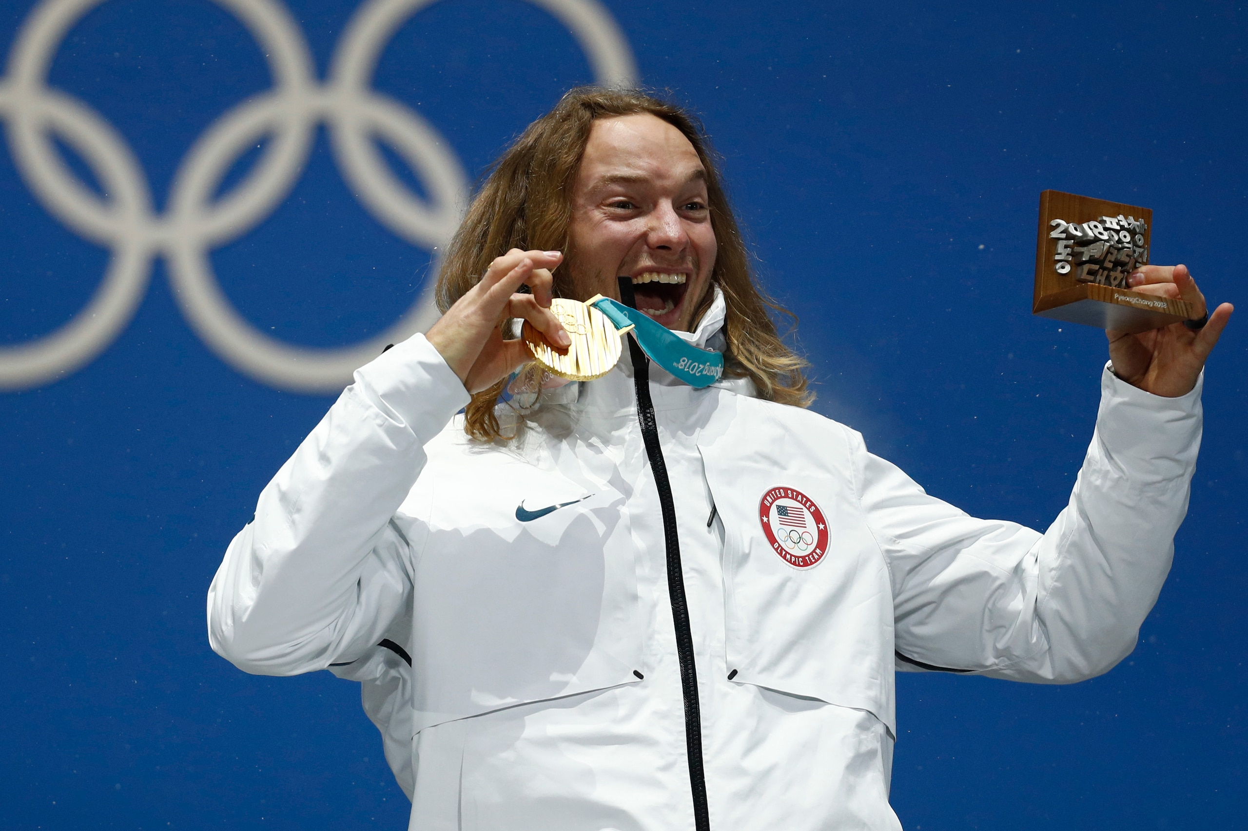Skiier David Wise celebrates his second gold medal in as many Olympics.
