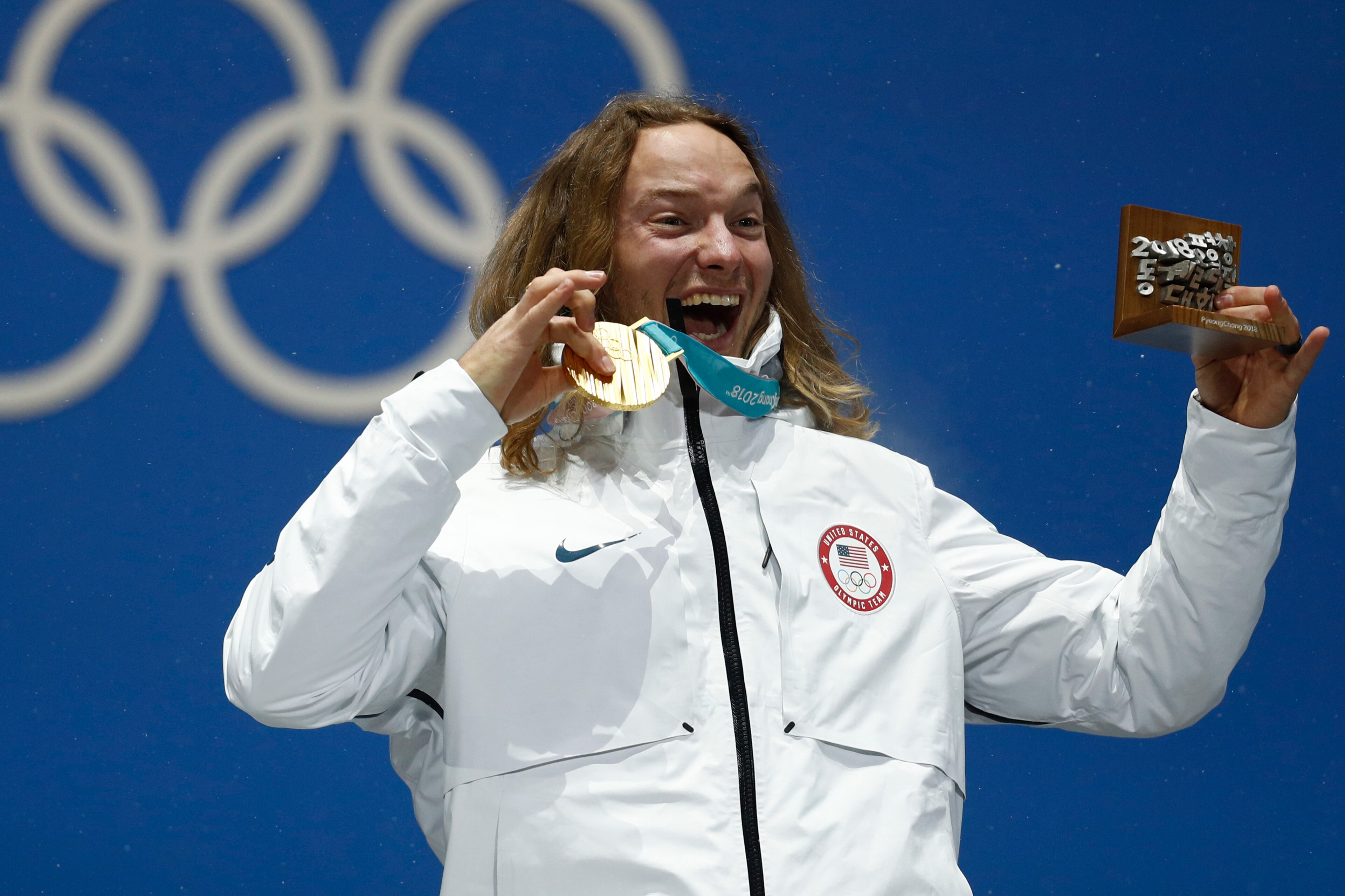 Skiier David Wise celebrates his second gold medal in as many Olympics.